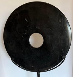 Contemporary Black Jade Disc Sculpture on Metal Stand, China, 24.5” Height