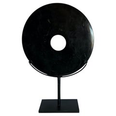 Contemporary Black Jade Disc Sculpture on Metal Stand, China, 24.5” Height