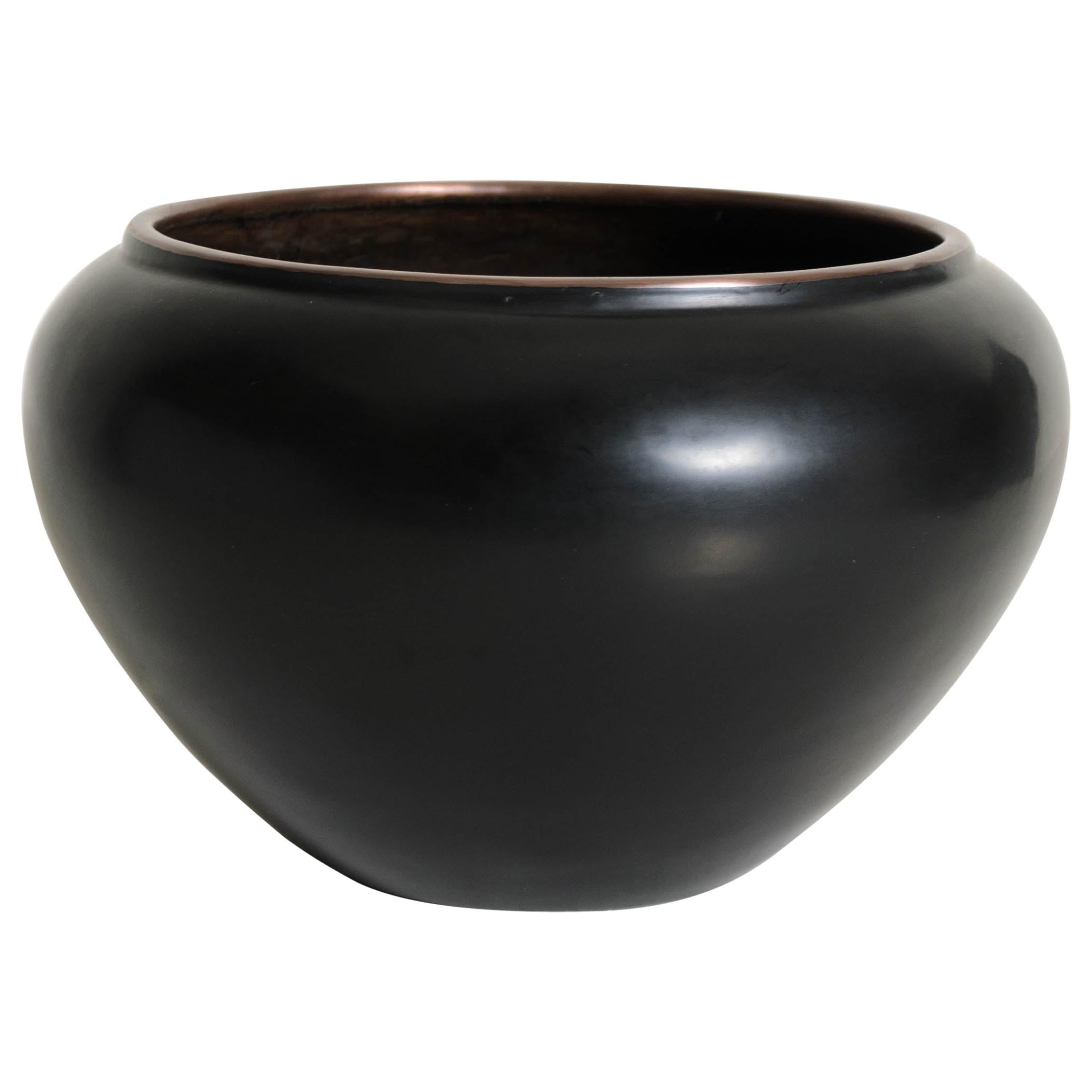 Contemporary Black Lacquer "Bo" Pot with Copper Rim by Robert Kuo