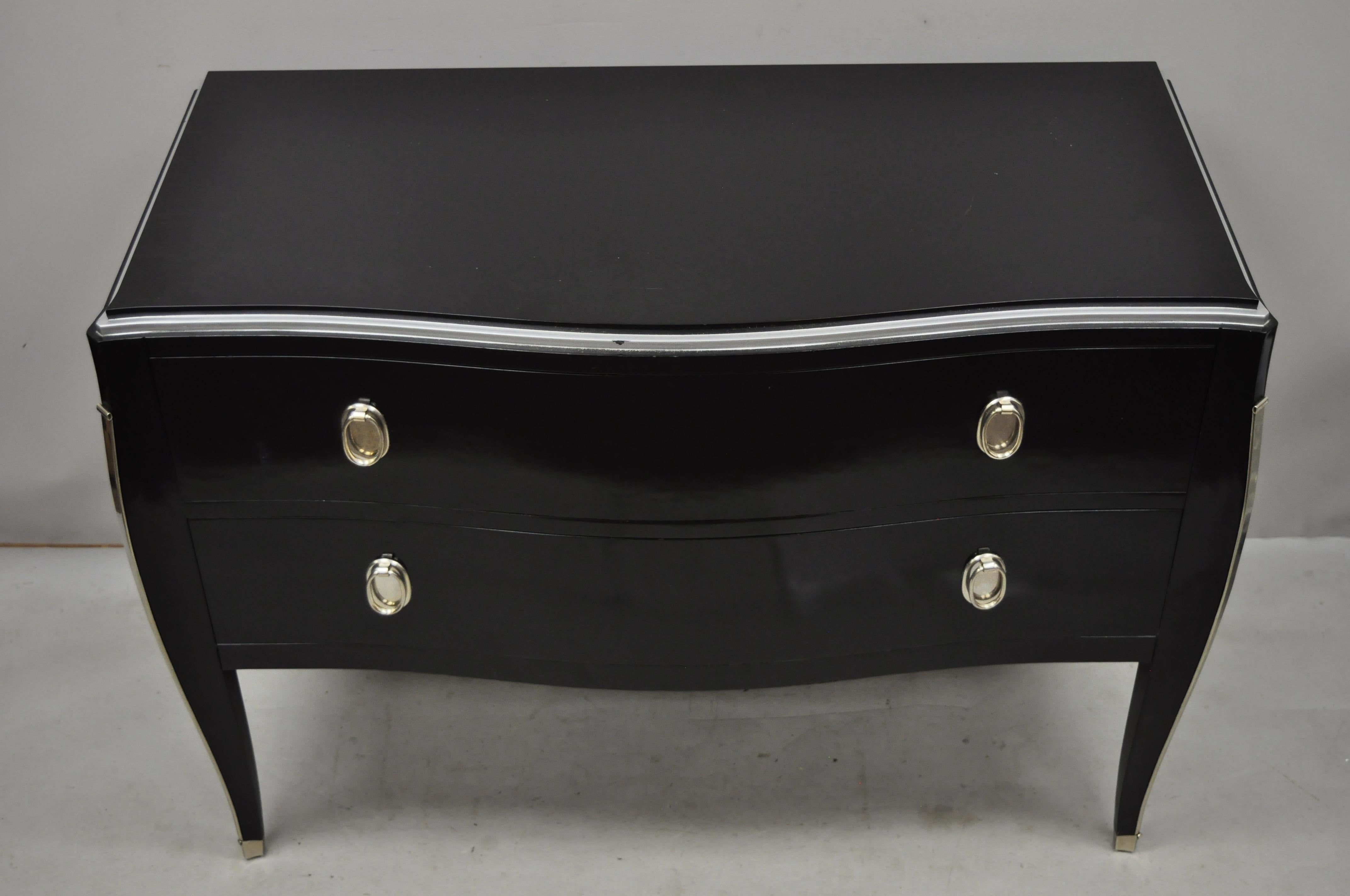Contemporary black lacquer bombe commode 2-drawer Italian chest by Zichele. Item features silver painted trim to top edge, nickel metal ormolu to front legs and feet, solid wood frame, original label, 2 dovetailed drawers, cabriole legs, solid