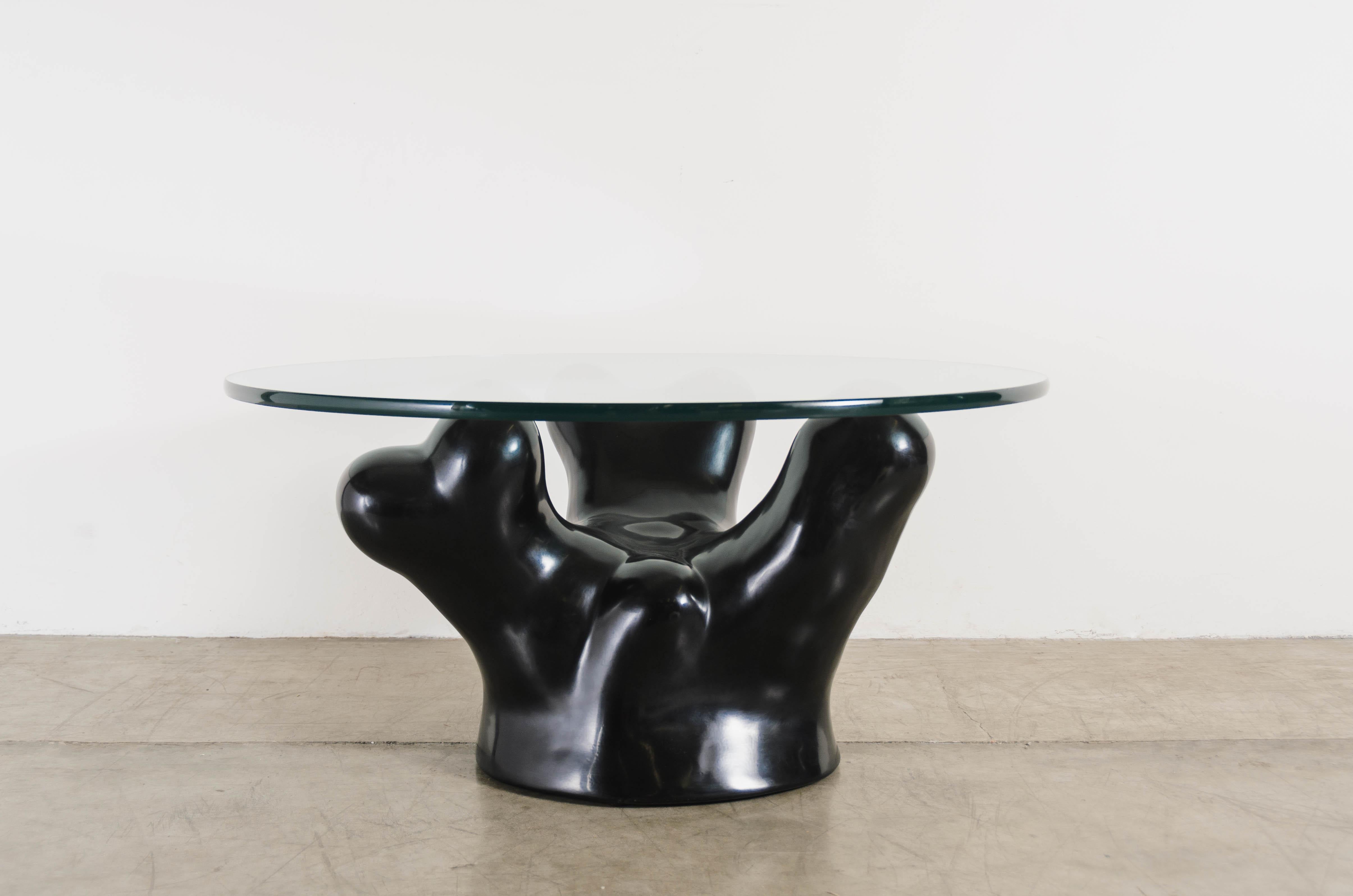 Modern Contemporary Black Lacquer Coral Cocktail Table w/ Glass Top by Robert Kuo For Sale