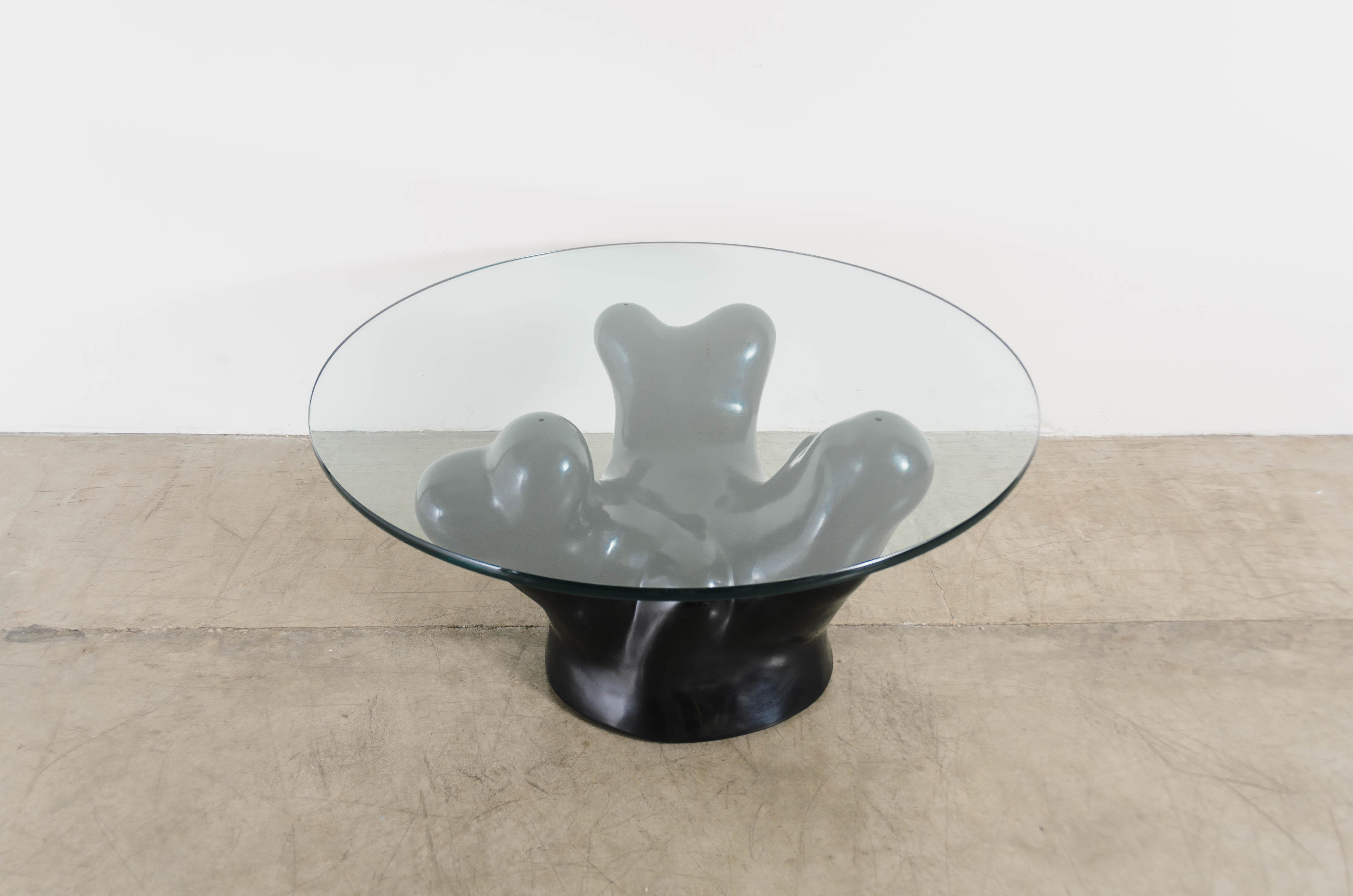 Repoussé Contemporary Black Lacquer Coral Cocktail Table w/ Glass Top by Robert Kuo For Sale