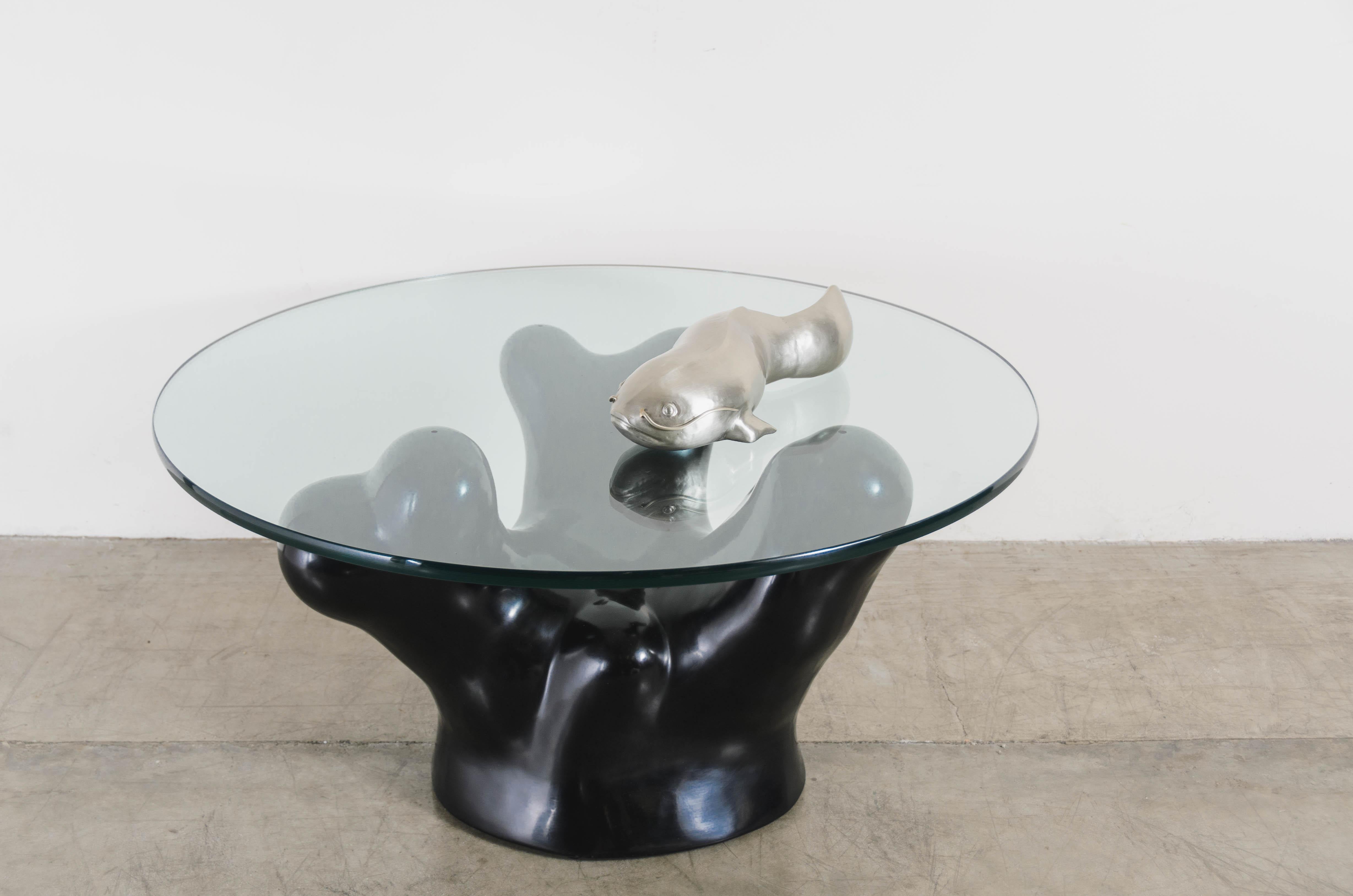 Contemporary Black Lacquer Coral Cocktail Table w/ Glass Top by Robert Kuo In New Condition For Sale In Los Angeles, CA
