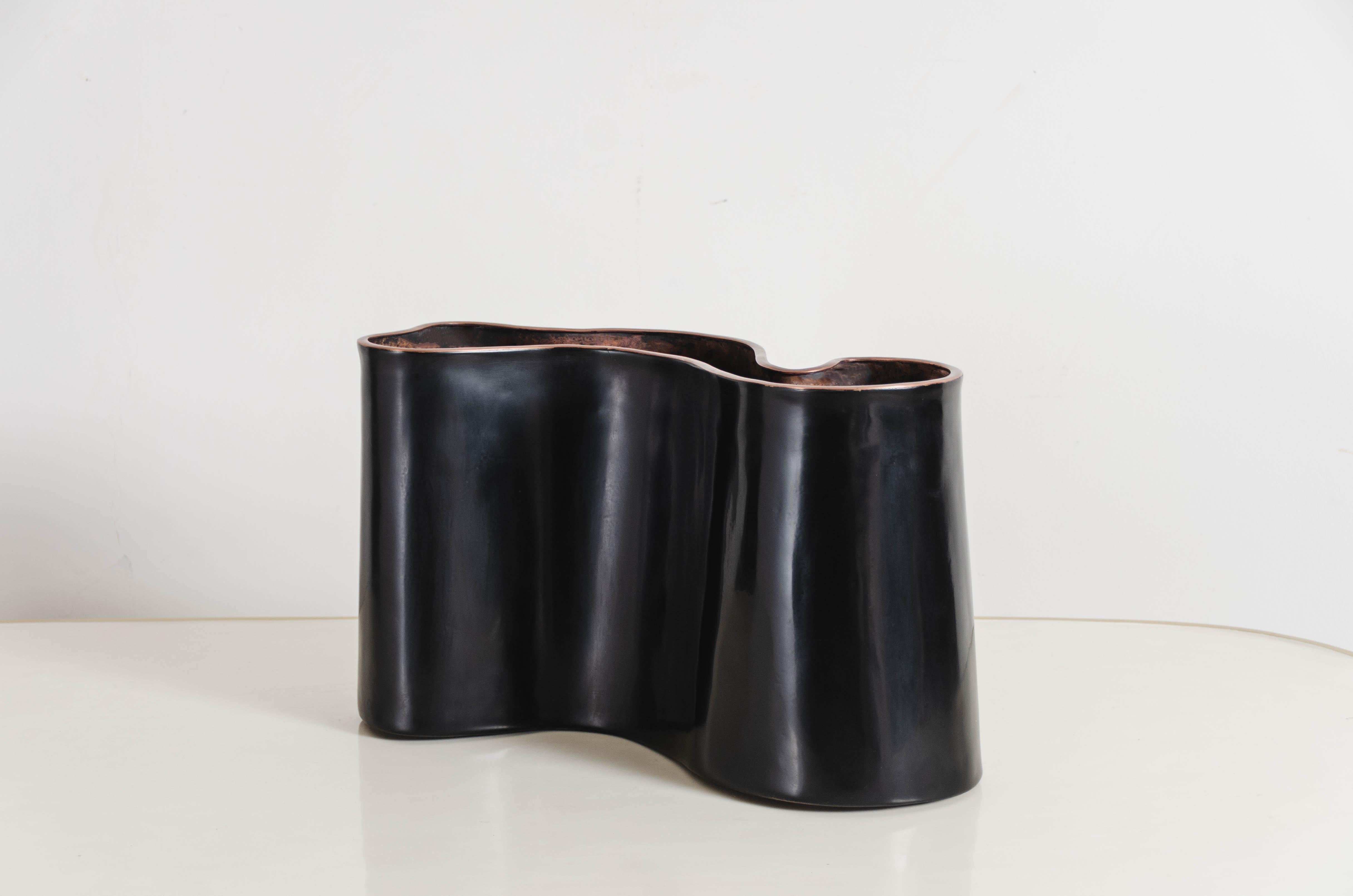 Modern Contemporary Black Lacquer Root Vase w/ Copper Trim by Robert Kuo