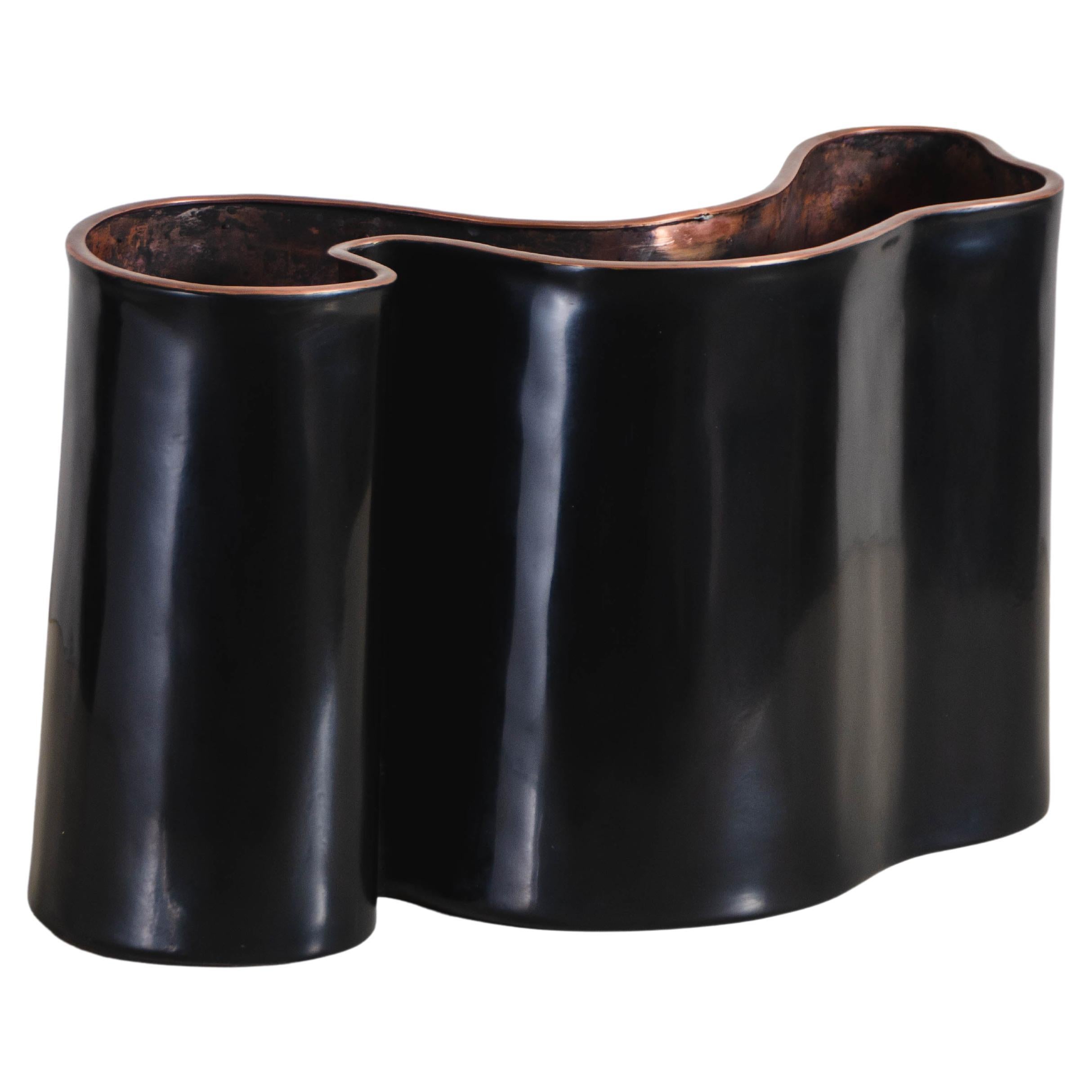 Contemporary Black Lacquer Root Vase w/ Copper Trim by Robert Kuo