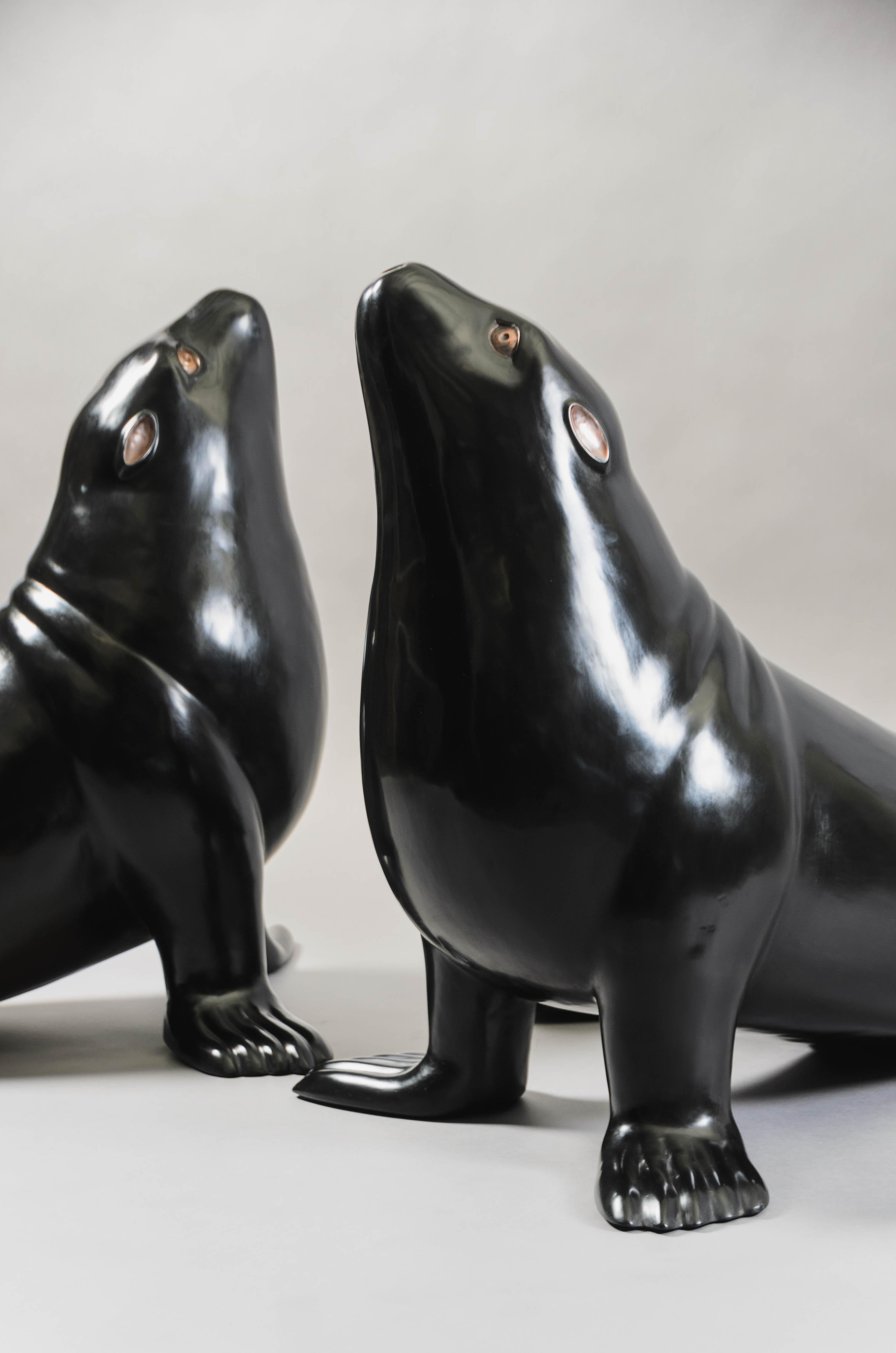 Contemporary Black Lacquer Sea Lion Sculpture by Robert Kuo, Limited Edition For Sale 1