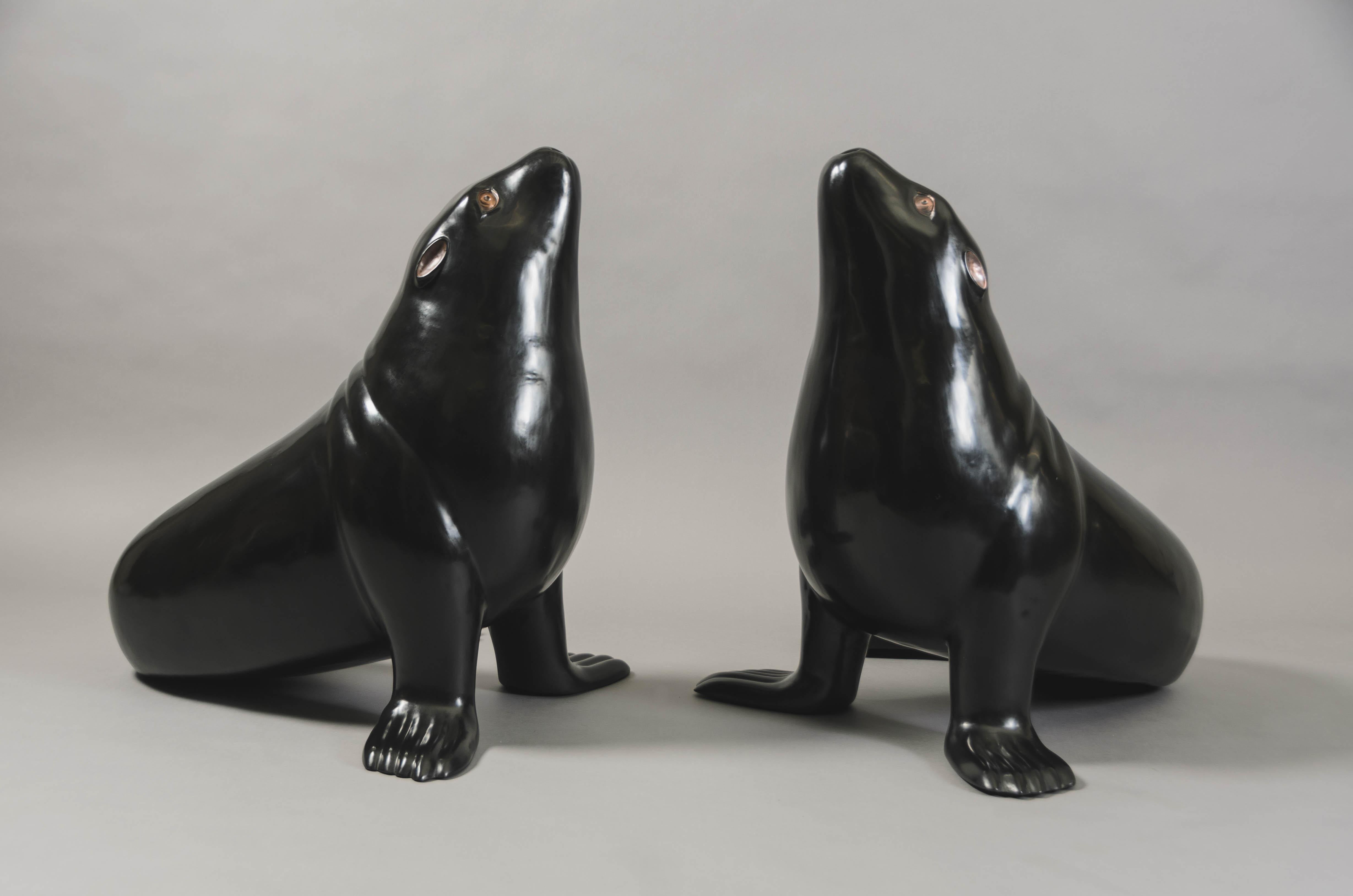 Modern Contemporary Black Lacquer Sea Lion Sculpture by Robert Kuo, Limited Edition For Sale