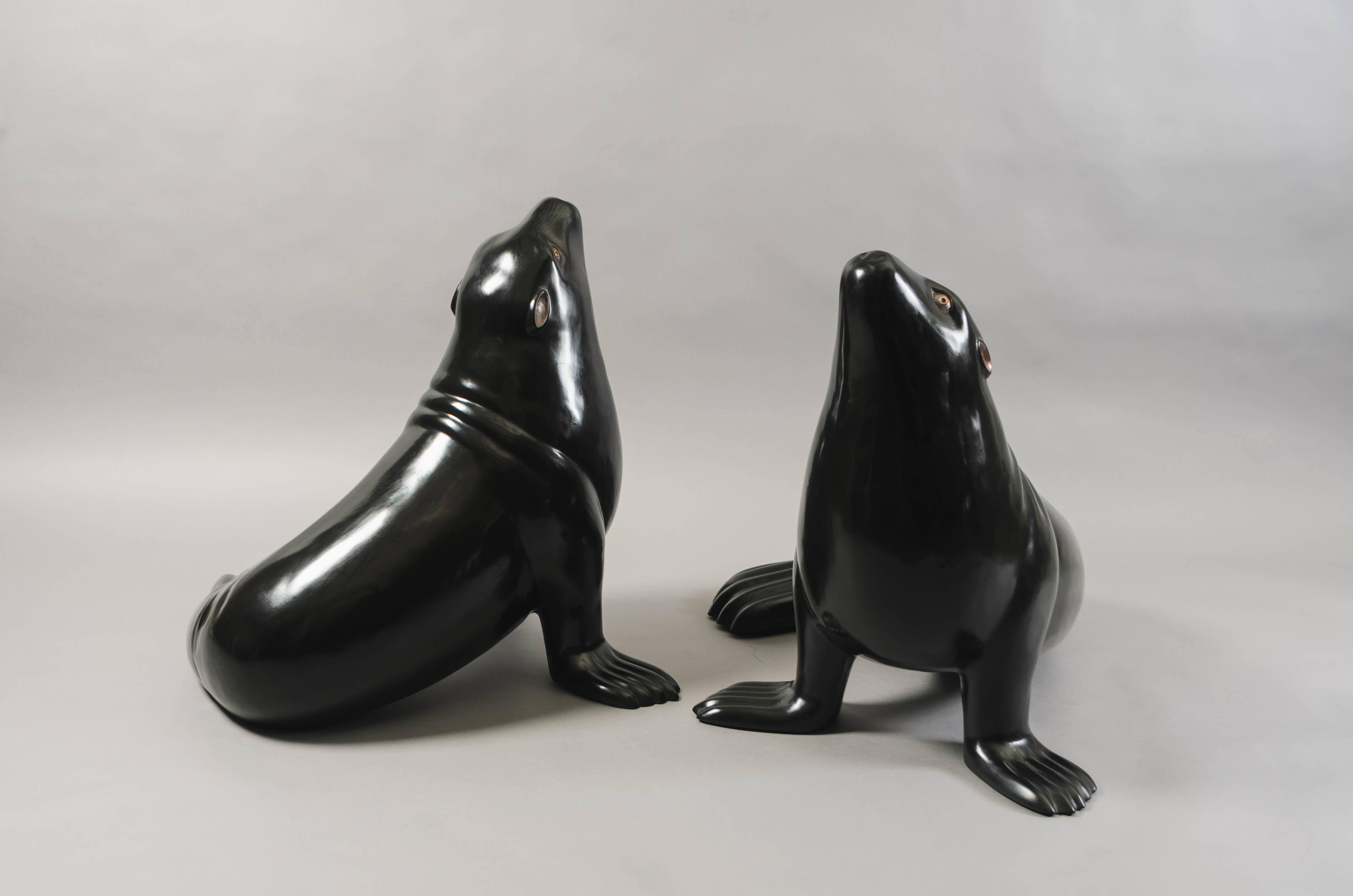 Repoussé Contemporary Black Lacquer Sea Lion Sculpture by Robert Kuo, Limited Edition For Sale