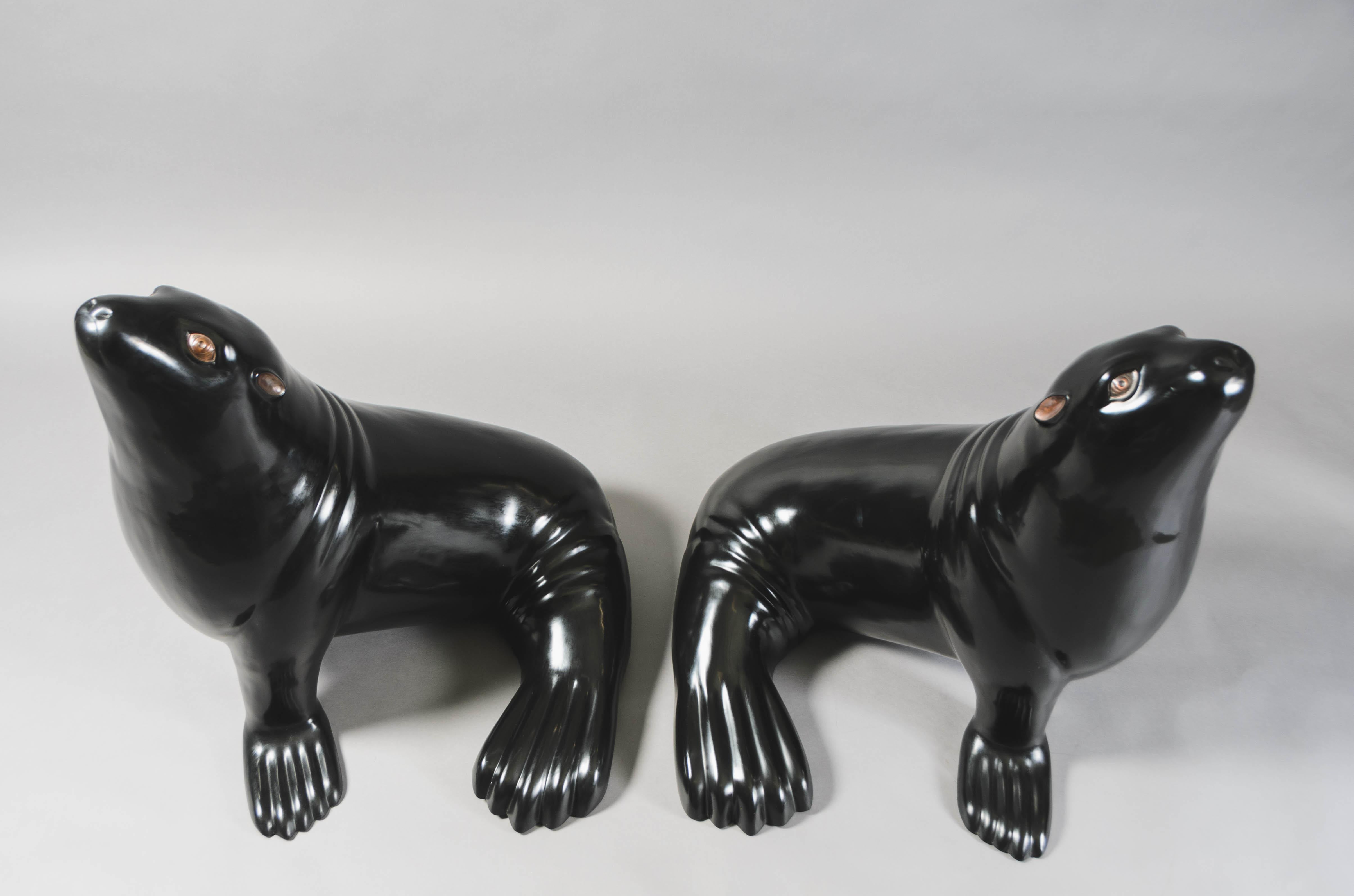 Copper Contemporary Black Lacquer Sea Lion Sculpture by Robert Kuo, Limited Edition For Sale