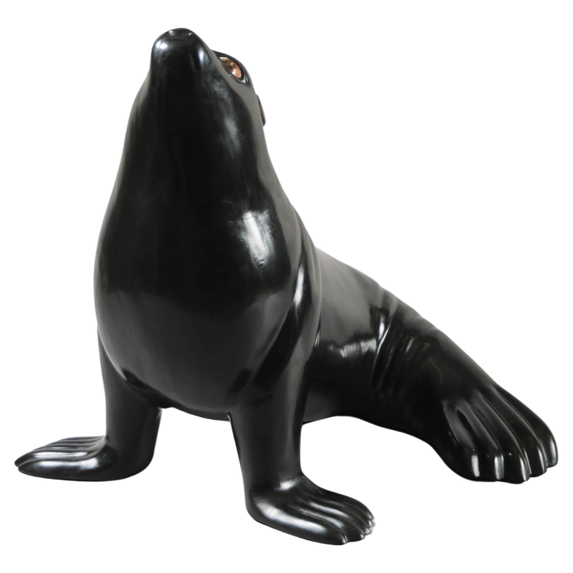 CQM015 2 Seal Sea Lion Ceramic Figurine Animal Brown Miniature Statue 