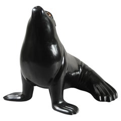 Contemporary Black Lacquer Sea Lion Sculpture by Robert Kuo, Limited Edition