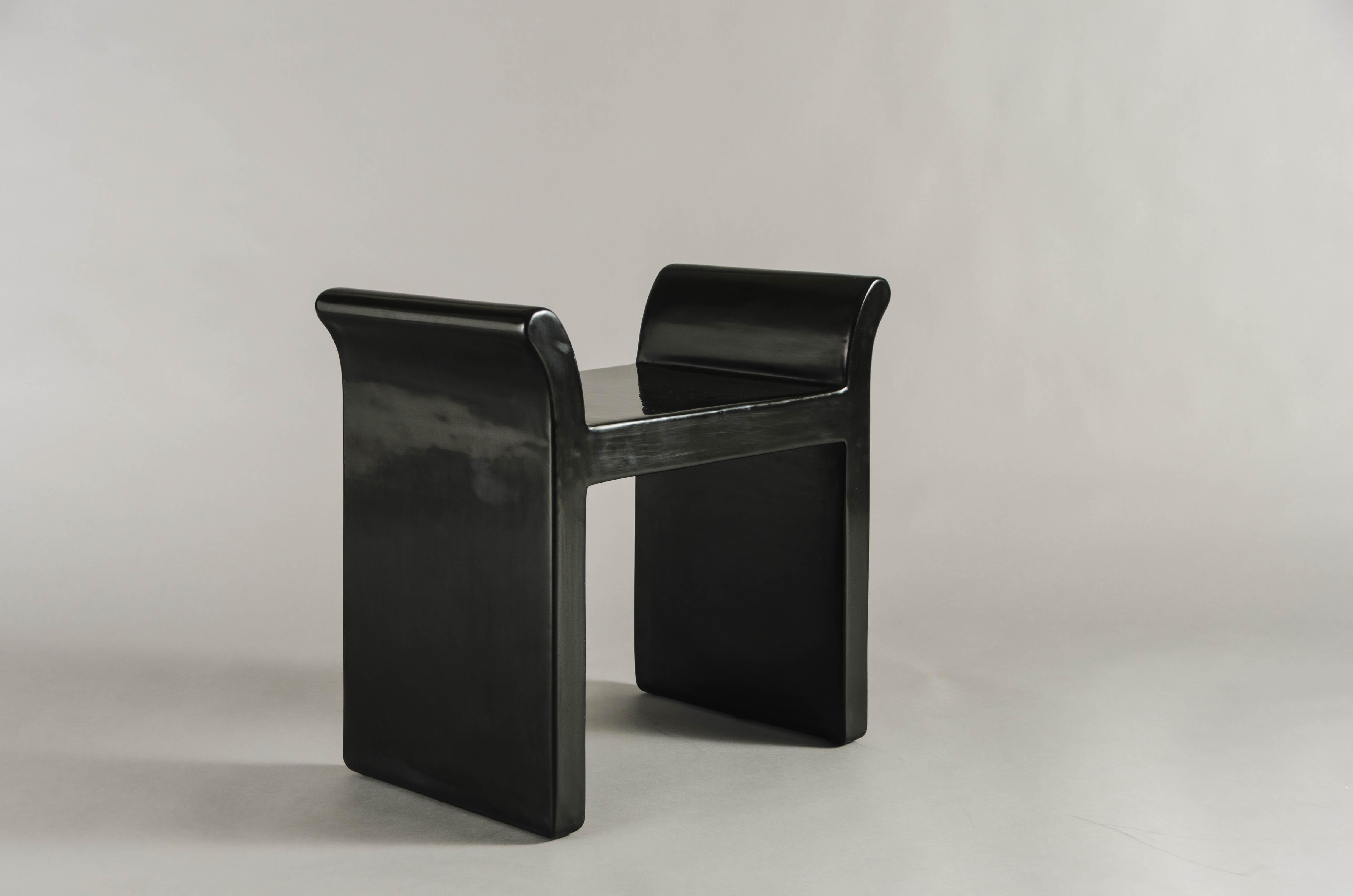 Hand-Crafted Contemporary Black Lacquer Vanity Seat by Robert Kuo, Hand Made, Limited Edition For Sale