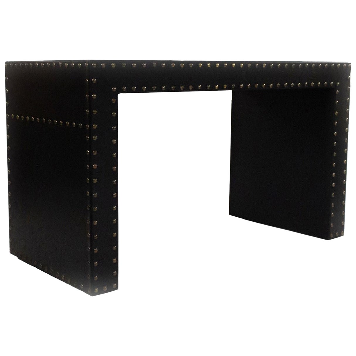 Contemporary Black Leather Desk with Brass Rivets