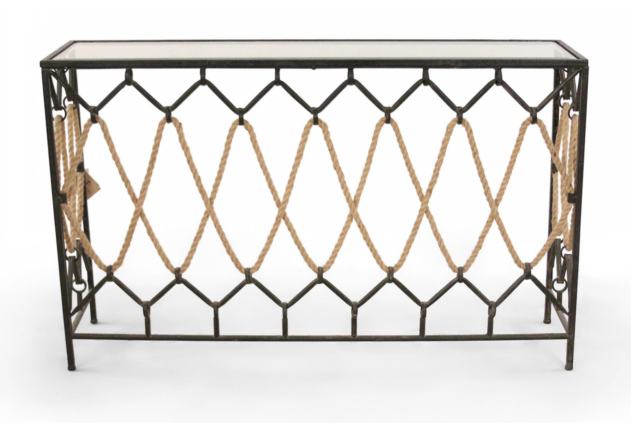 Contemporary rectangular black painted metal console table with a glass top and decorative rope sides looped through metal circles in a zig zag pattern around the front and smaller sides.
     