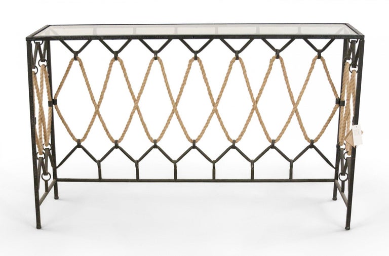 Contemporary Black Metal and Rope Glass Top Console Table For Sale at ...