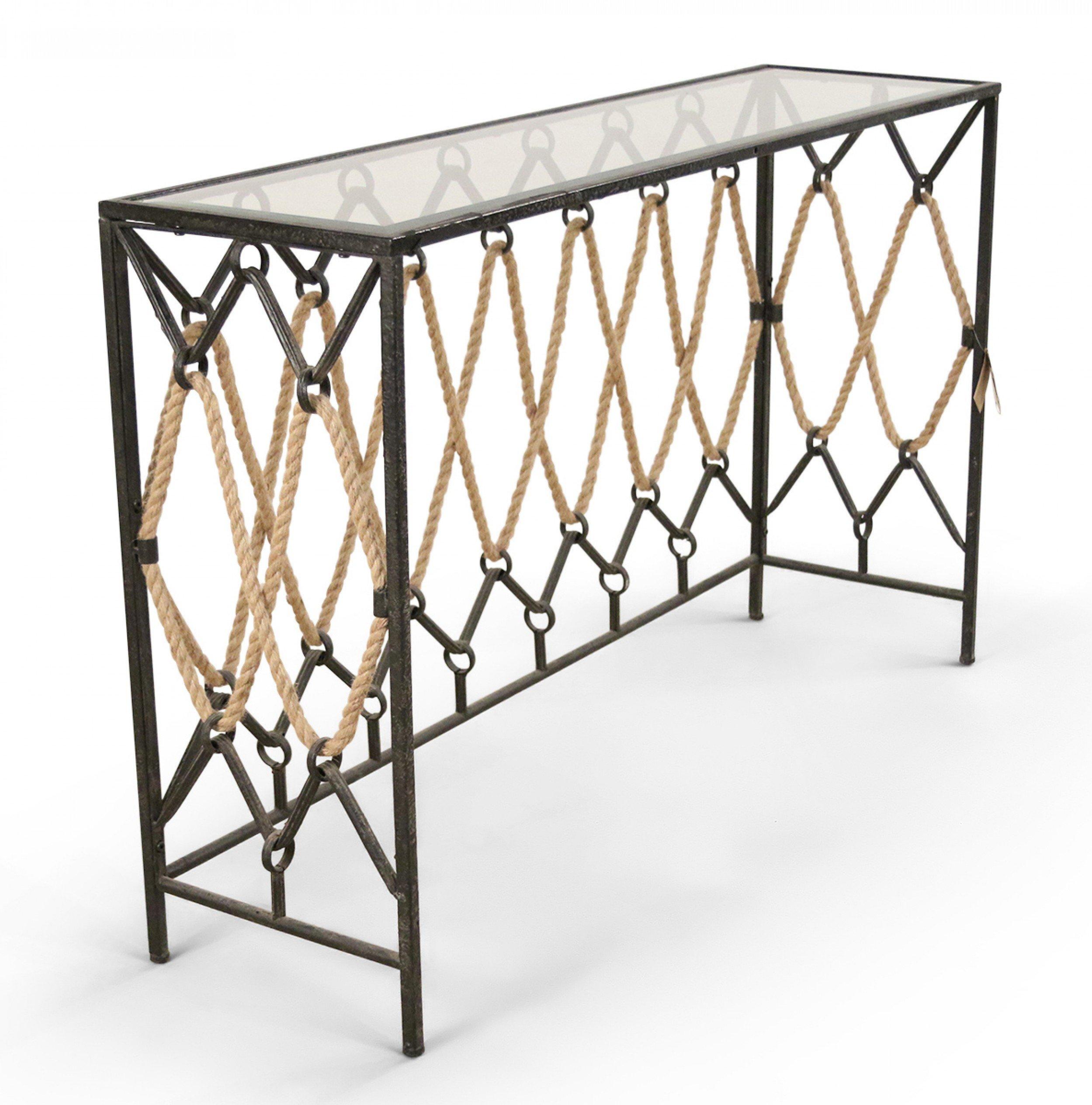 American Contemporary Black Metal and Rope Glass Top Console Table