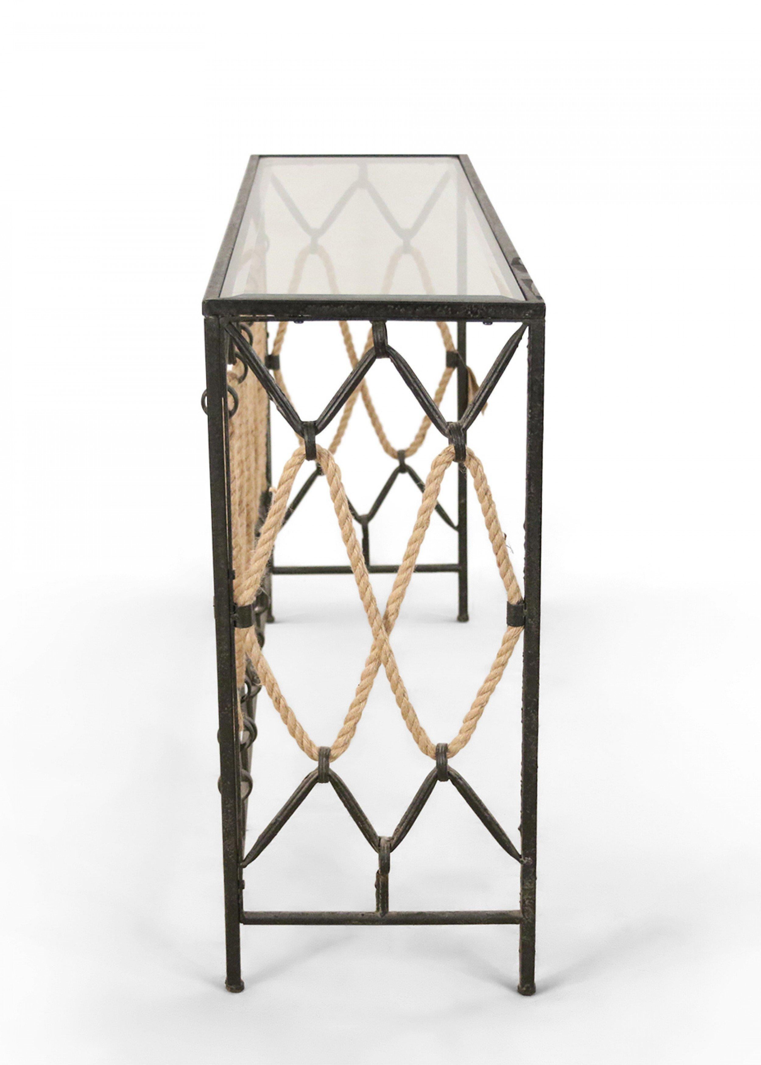 Contemporary Black Metal and Rope Glass Top Console Table In Good Condition In New York, NY