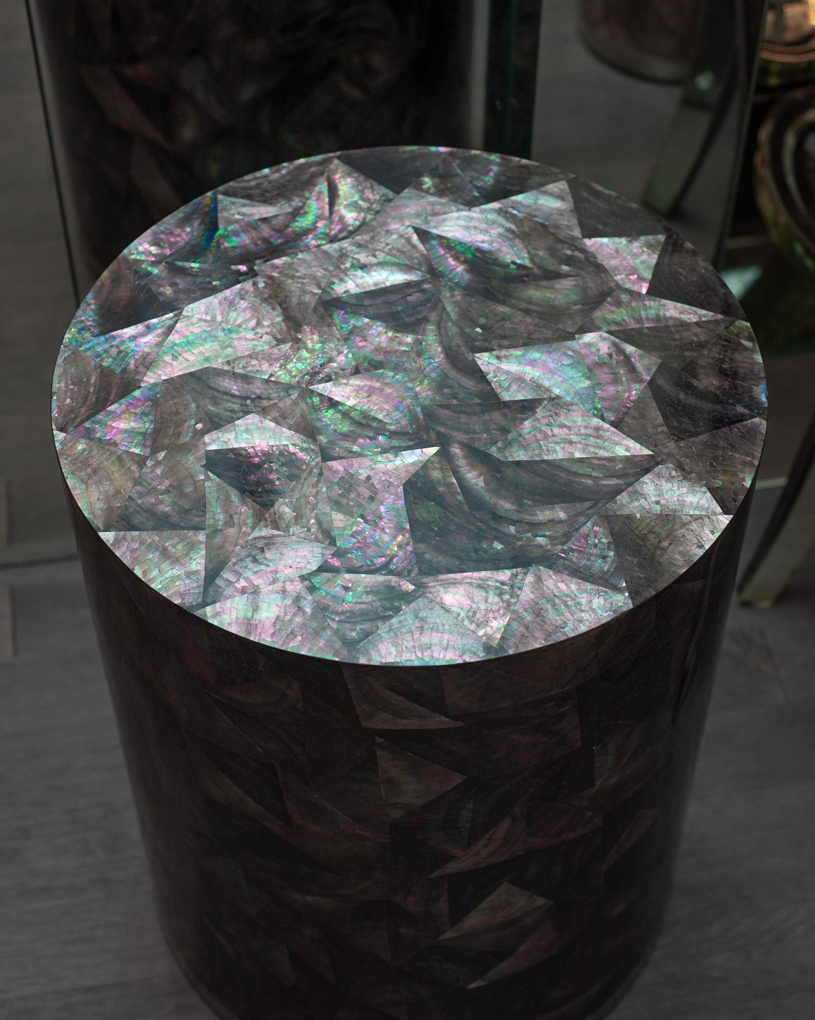 Inlay Contemporary Black Mother of Pearl Mosaic Drum Table For Sale