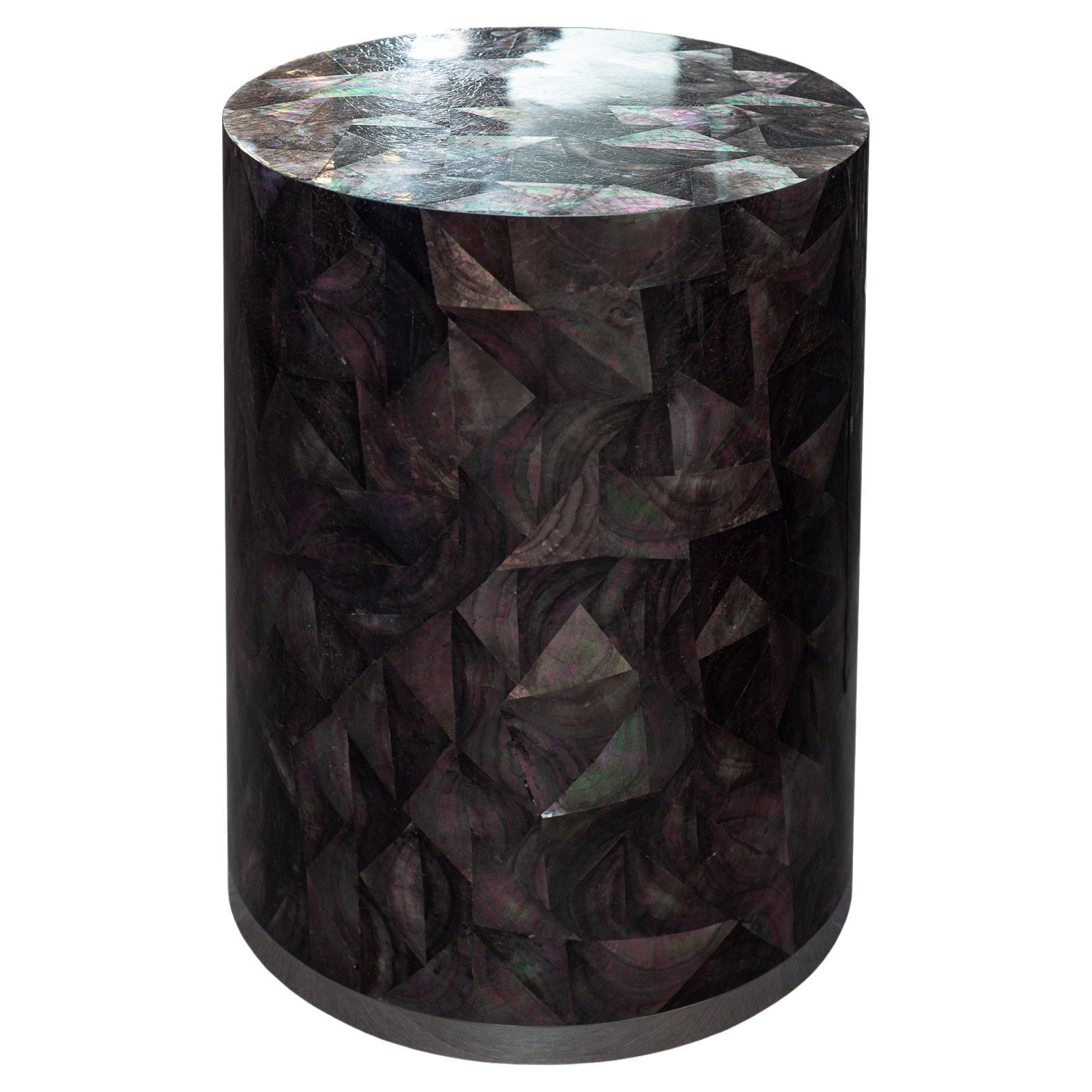 Contemporary Black Mother of Pearl Mosaic Drum Table For Sale