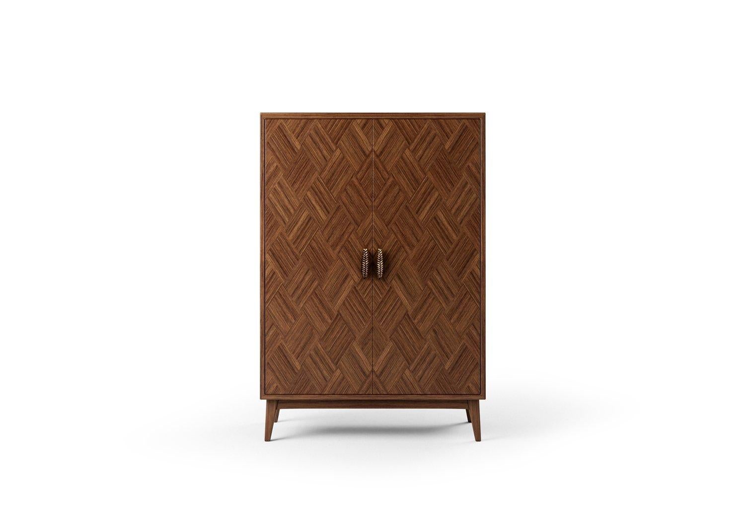 Hand-Crafted  Contemporary Black Oak Marquetry Cabinet with Cast Bronze Handles For Sale