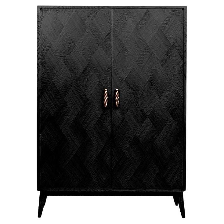  Contemporary Black Oak Marquetry Cabinet with Cast Bronze Handles