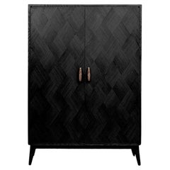  Contemporary Black Oak Marquetry Cabinet with Cast Bronze Handles