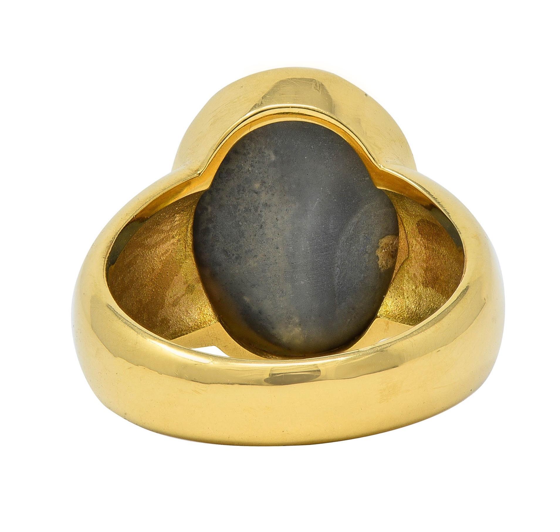 Contemporary Black Opal 18 Karat Yellow Gold Puffed Bezel Gemstone Ring In Excellent Condition For Sale In Philadelphia, PA