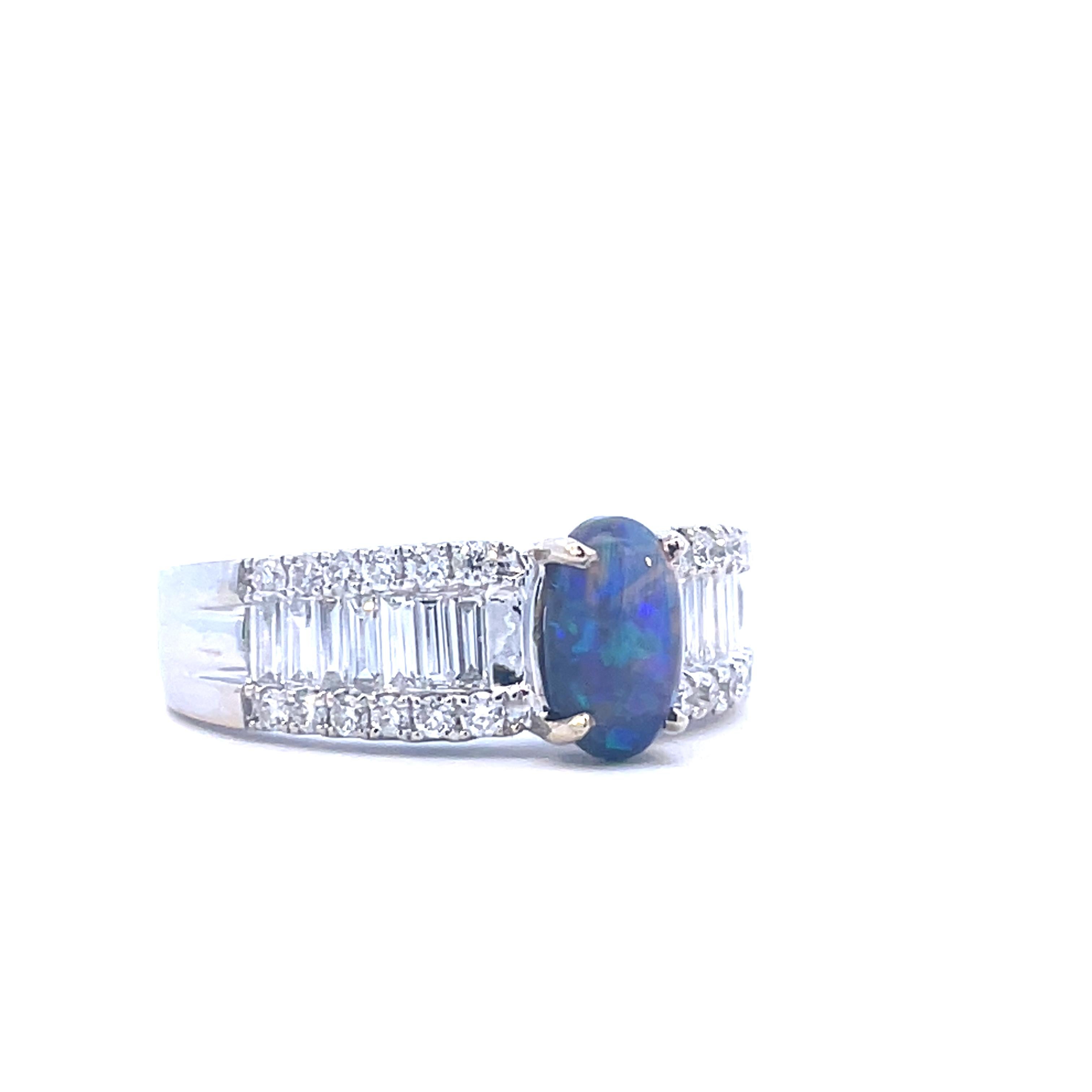 Baguette Cut Contemporary Black Opal and Diamond White Gold Ring with AGL Report