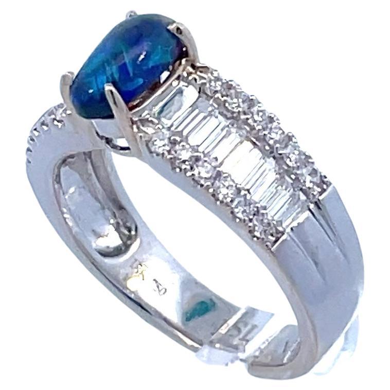 Contemporary Black Opal and Diamond White Gold Ring with AGL Report For Sale