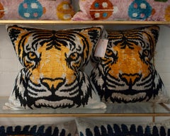 Contemporary Black, Orange and Silver Silk Velvet Pillow with Tiger Motif