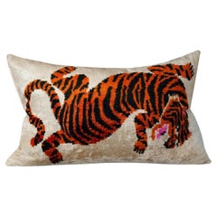 Contemporary Black, Orange and Silver Silk Velvet Pillow with Tiger Motif