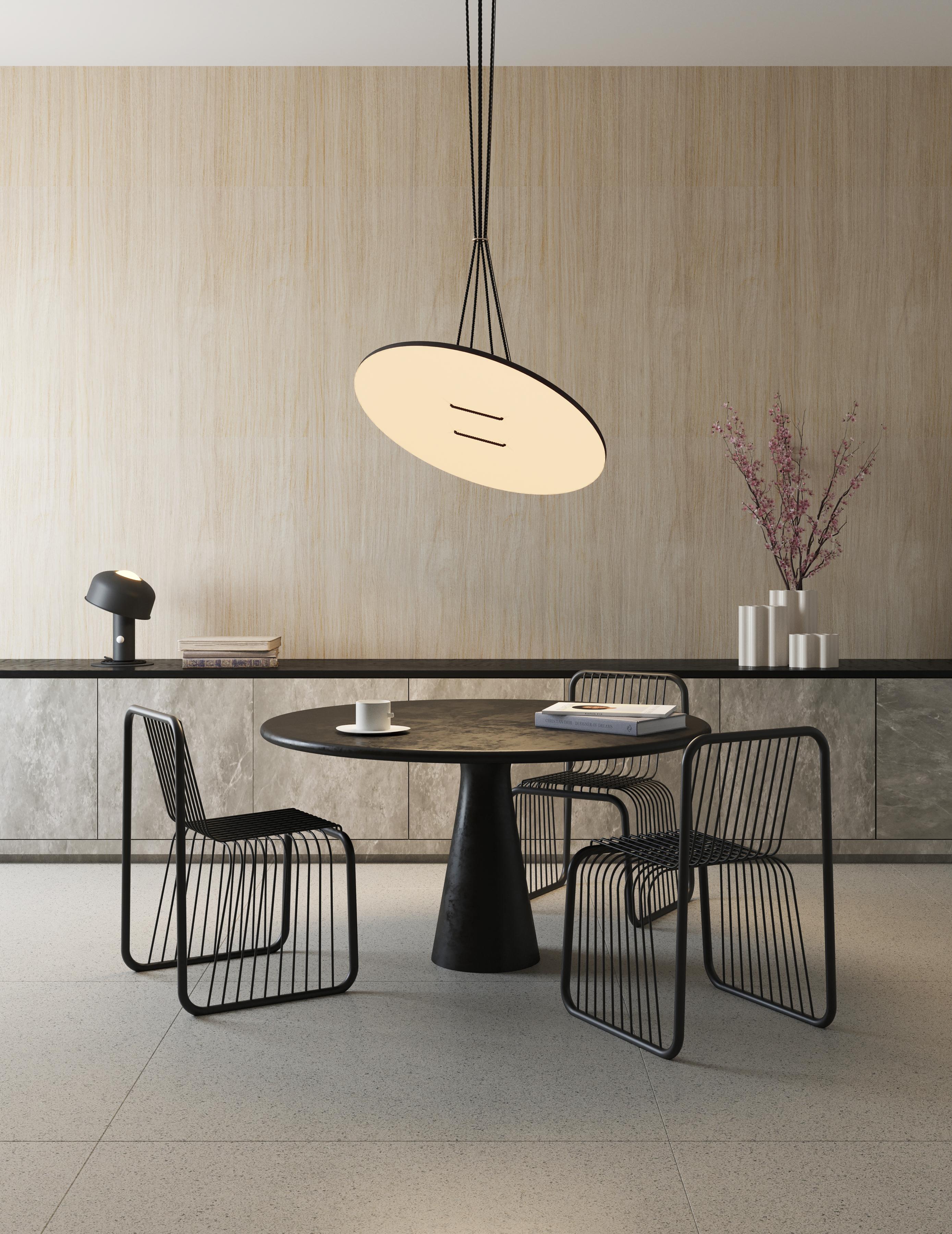 Contemporary pendant lamp 'button'
by ANDlight

ELECTRICAL
– 35W LED Panel
– 50,000 hour Lifetime
– 90+ CRI
– Input Voltage: 120V, 230V + 277V
– Integral 12V DC

The model shown in picture:
- Diameter: 90 cm Height: 2.5 cm 
- Finish: