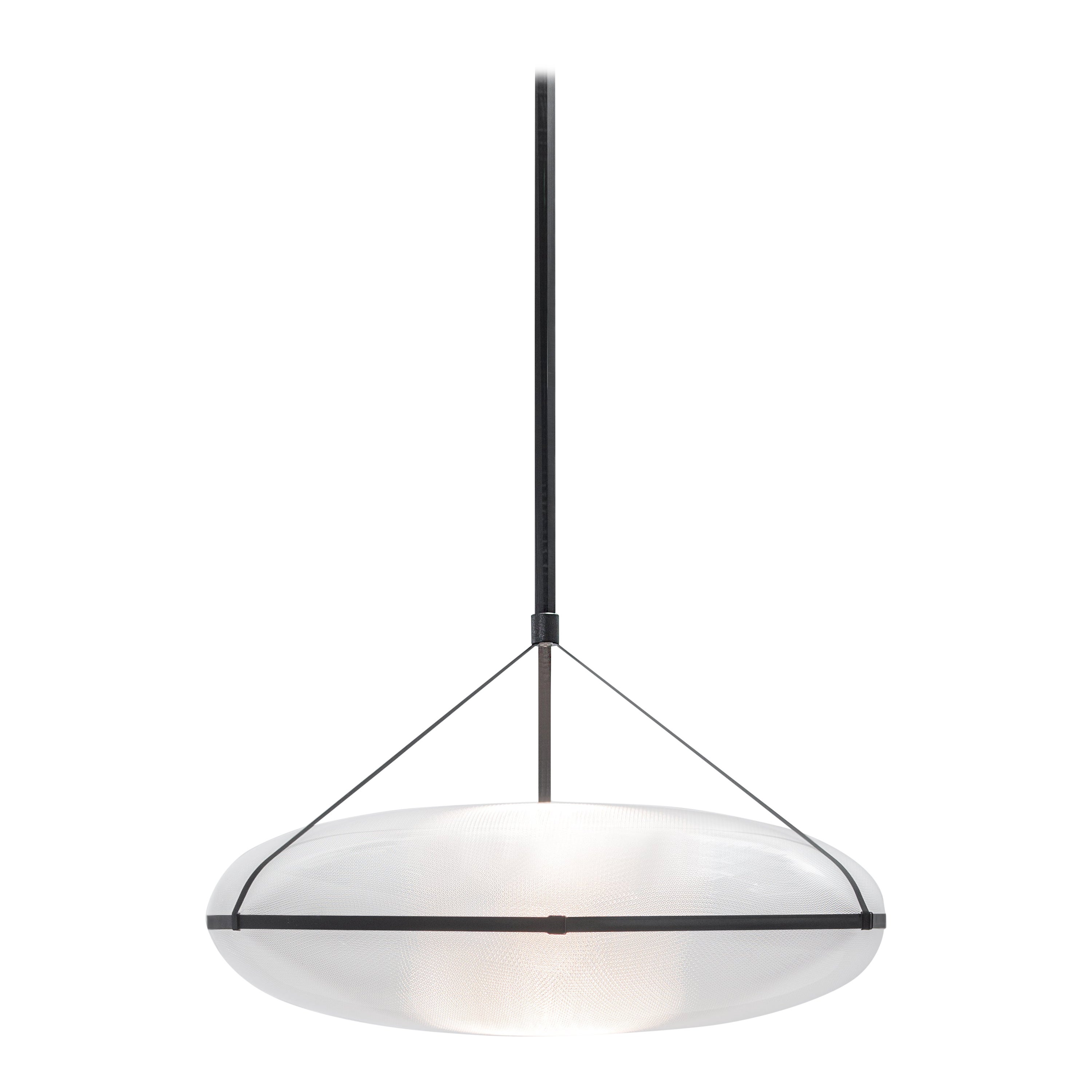 Contemporary pendant lamp 'Iris' designed by Caine Heintzman for AND light.

Electrical : 
Voltage: 120 V – 277 V 
Lamp: Integral 34 W 35 V DC LED

The model shown in picture:
- Diameter: 60 cm Height. 20 cm 
- Finish: Black
- Wire height: 300 cm
-
