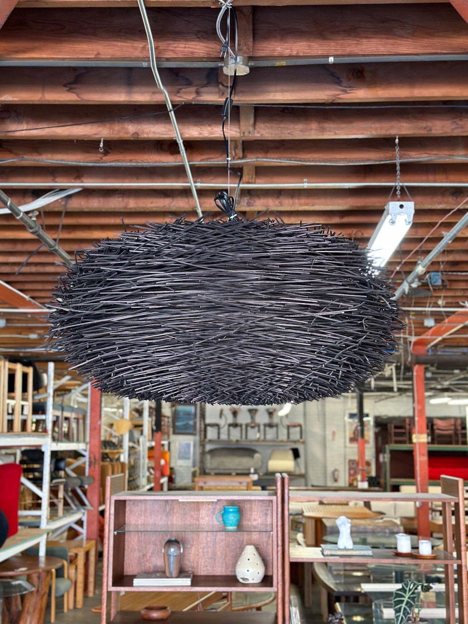 Organic Modern Contemporary Black Rattan Pendant- Medium For Sale