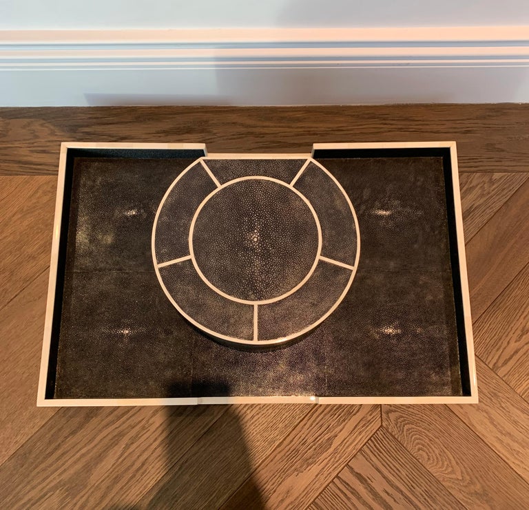 Decorative, Polished Black Shagreen and Bone Trinket Box and Tray Set