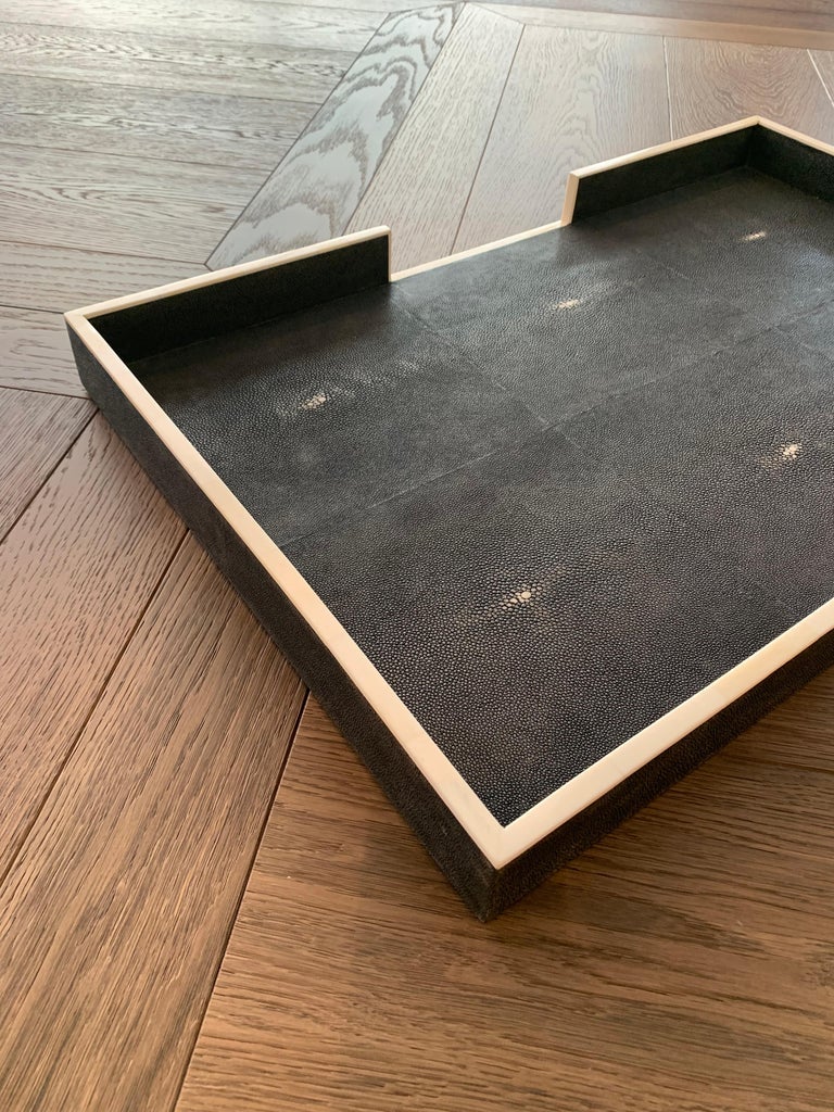 Decorative, Polished Black Shagreen and Bone Trinket Box and Tray Set