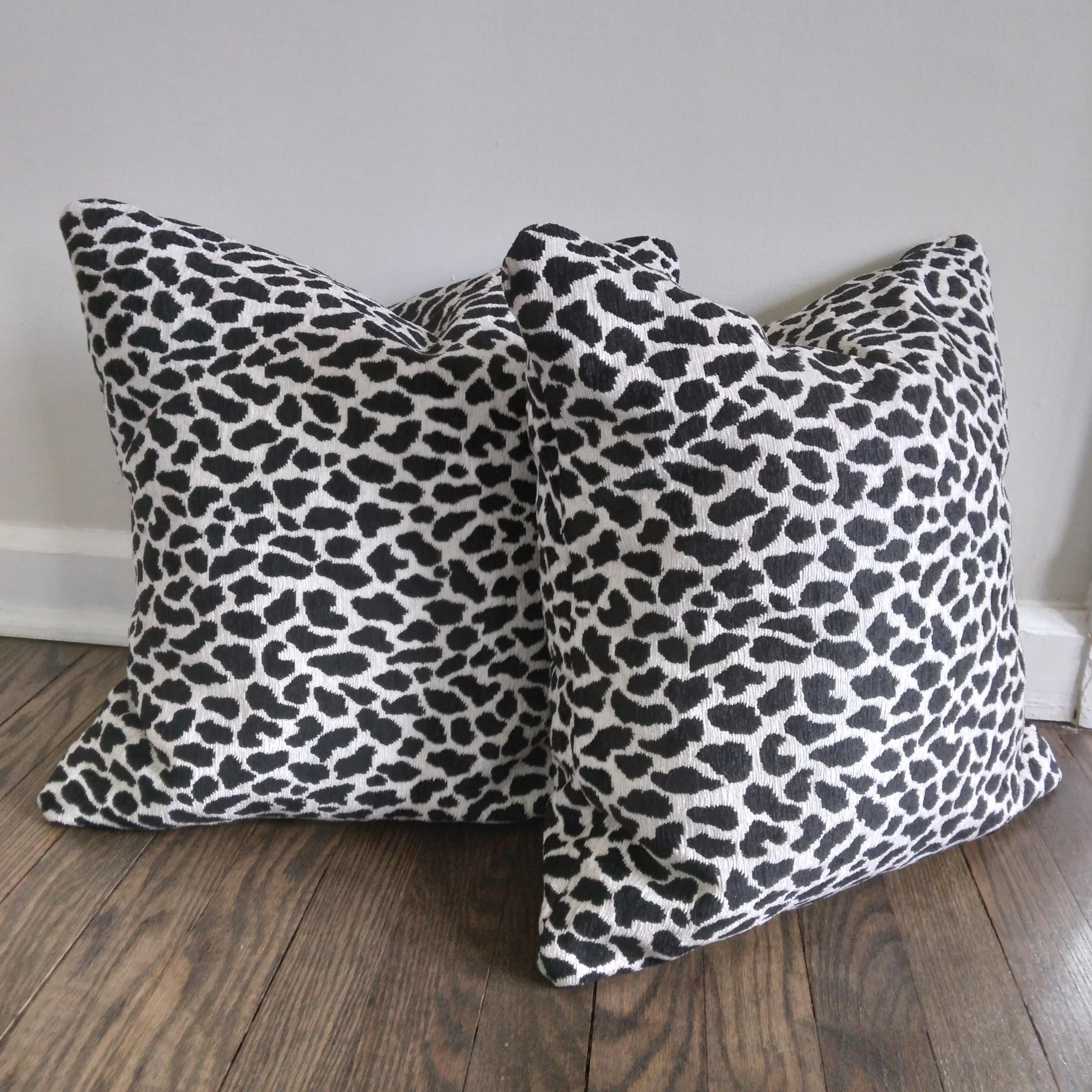 Chenille Contemporary Black & Silver Cheetah Print Accent Pillows, a Pair For Sale