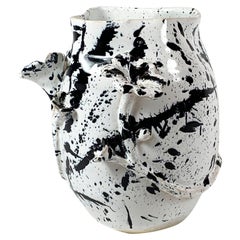 Contemporary Black Splashed Handmade White Ceramic Vase