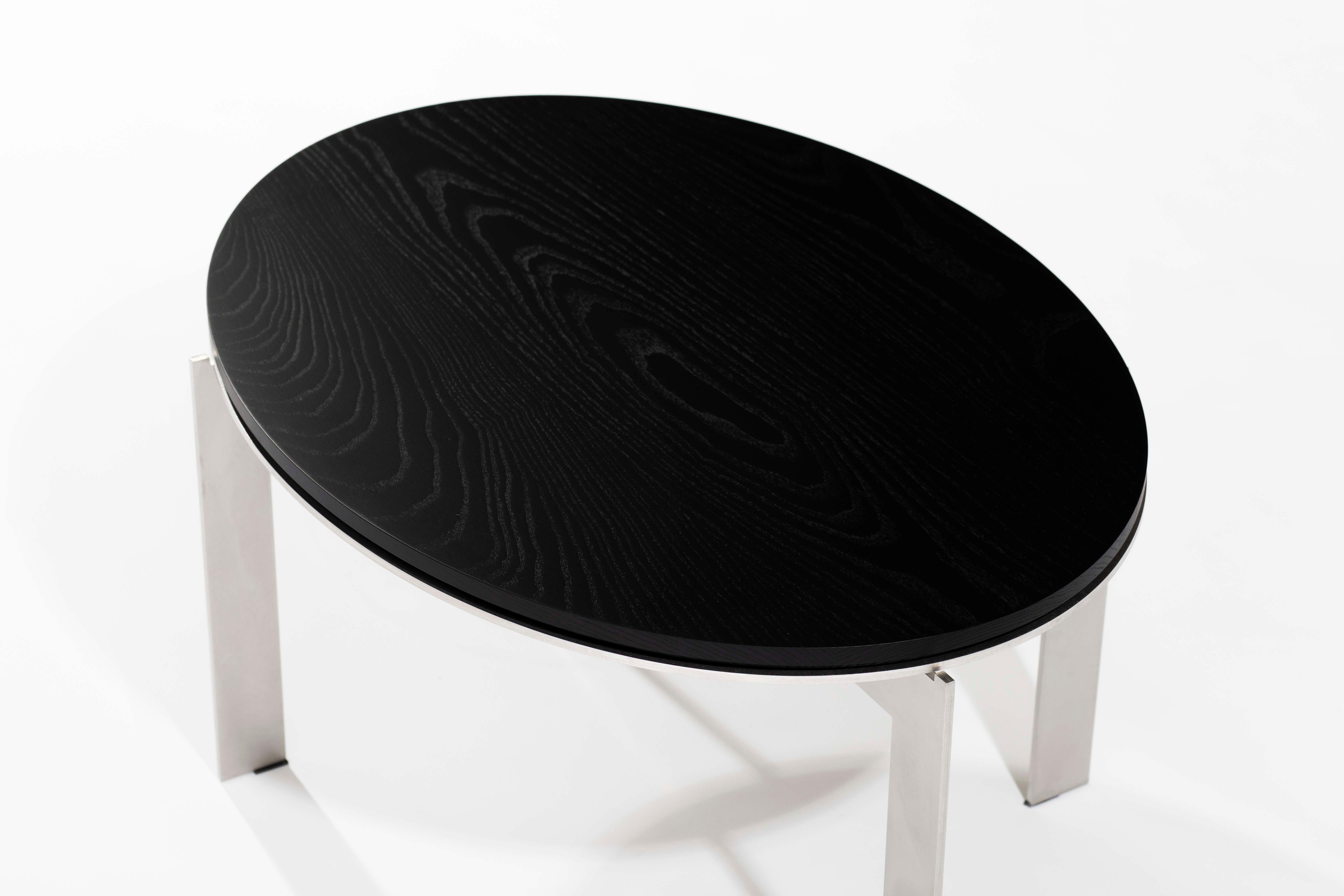 Minimalist Modern contemporary oval ellipse side table, steel and black ash wood, Belgium For Sale