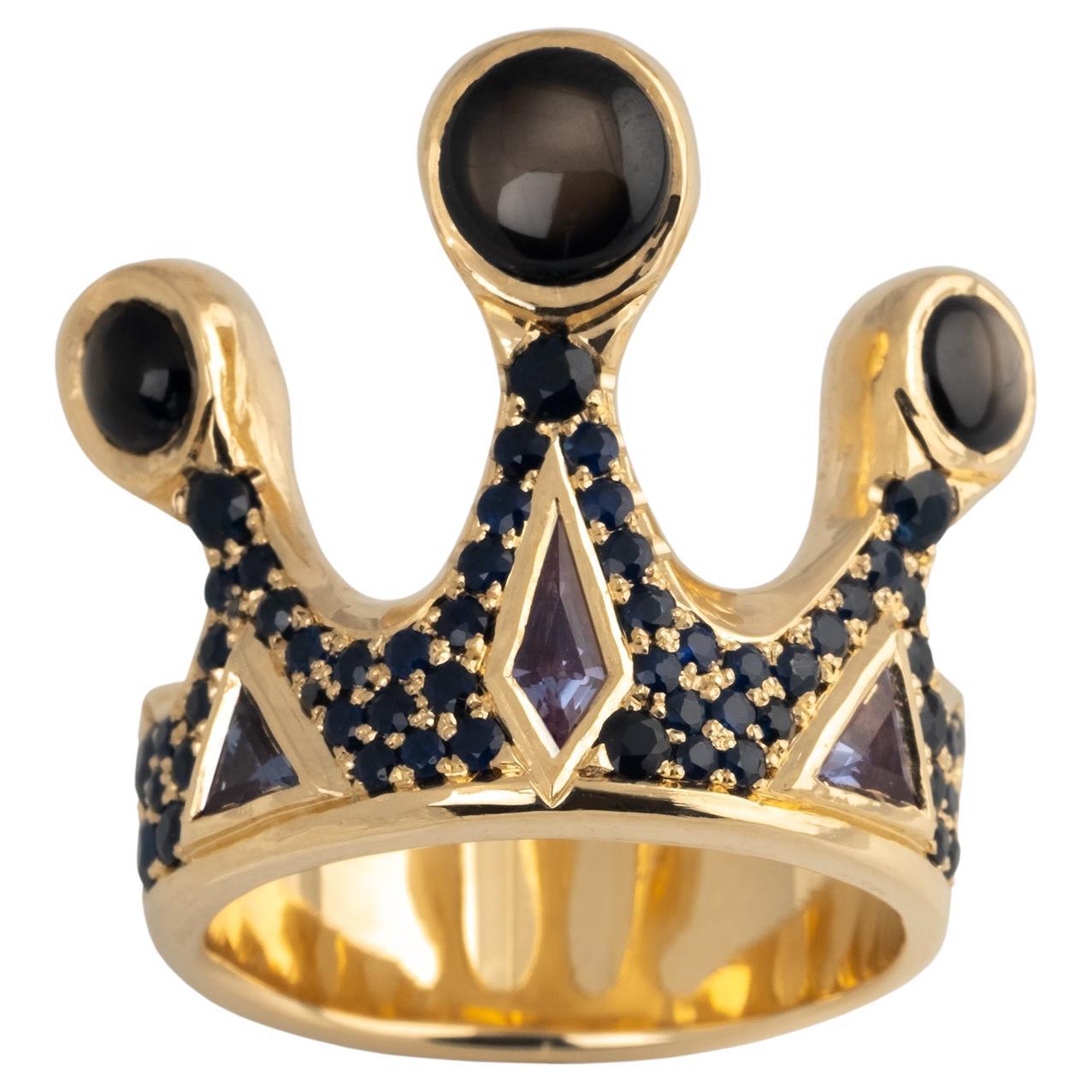 Bague couronne pour homme en or jaune 10 carats, saphir étoilé noir et saphir bleu en vente
