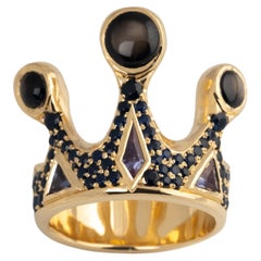 Bague couronne pour homme en or jaune 10 carats, saphir étoilé noir et saphir bleu