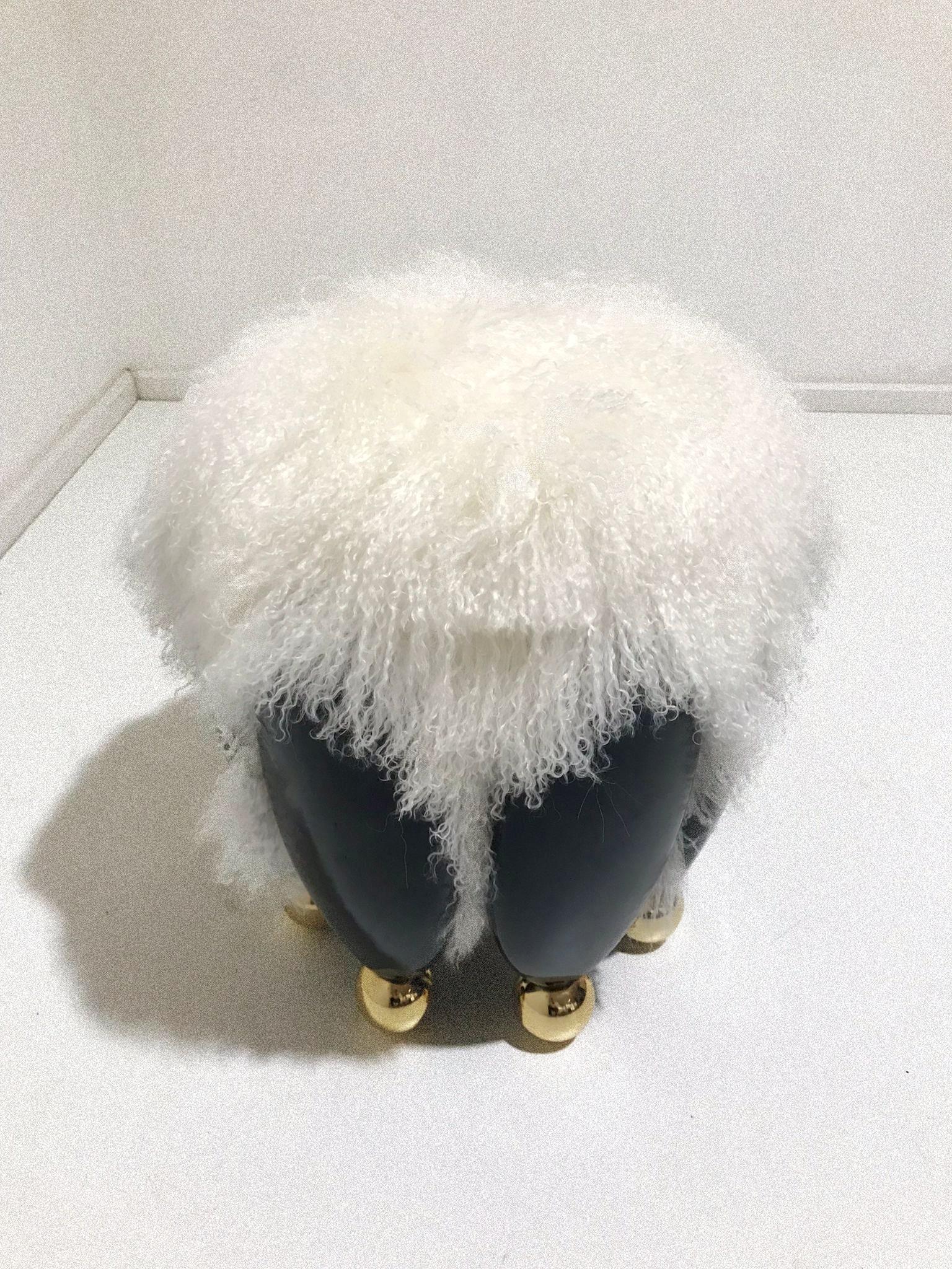 Modern Contemporary Black Stool Upholstered with Fur Top & Gold Spheres Details For Sale