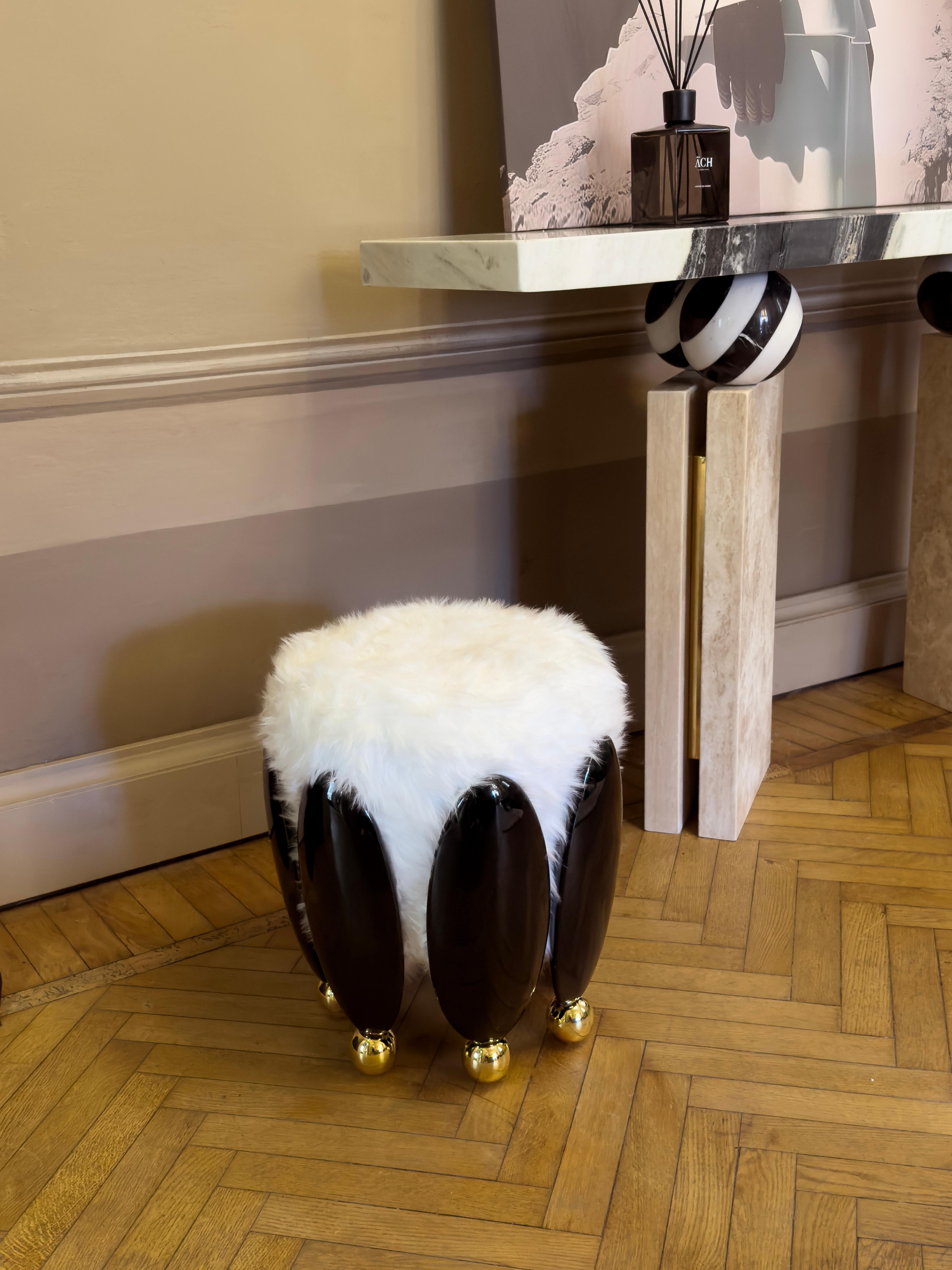 Portuguese Contemporary Black Stool Upholstered with Fur Top & Gold Spheres Details For Sale