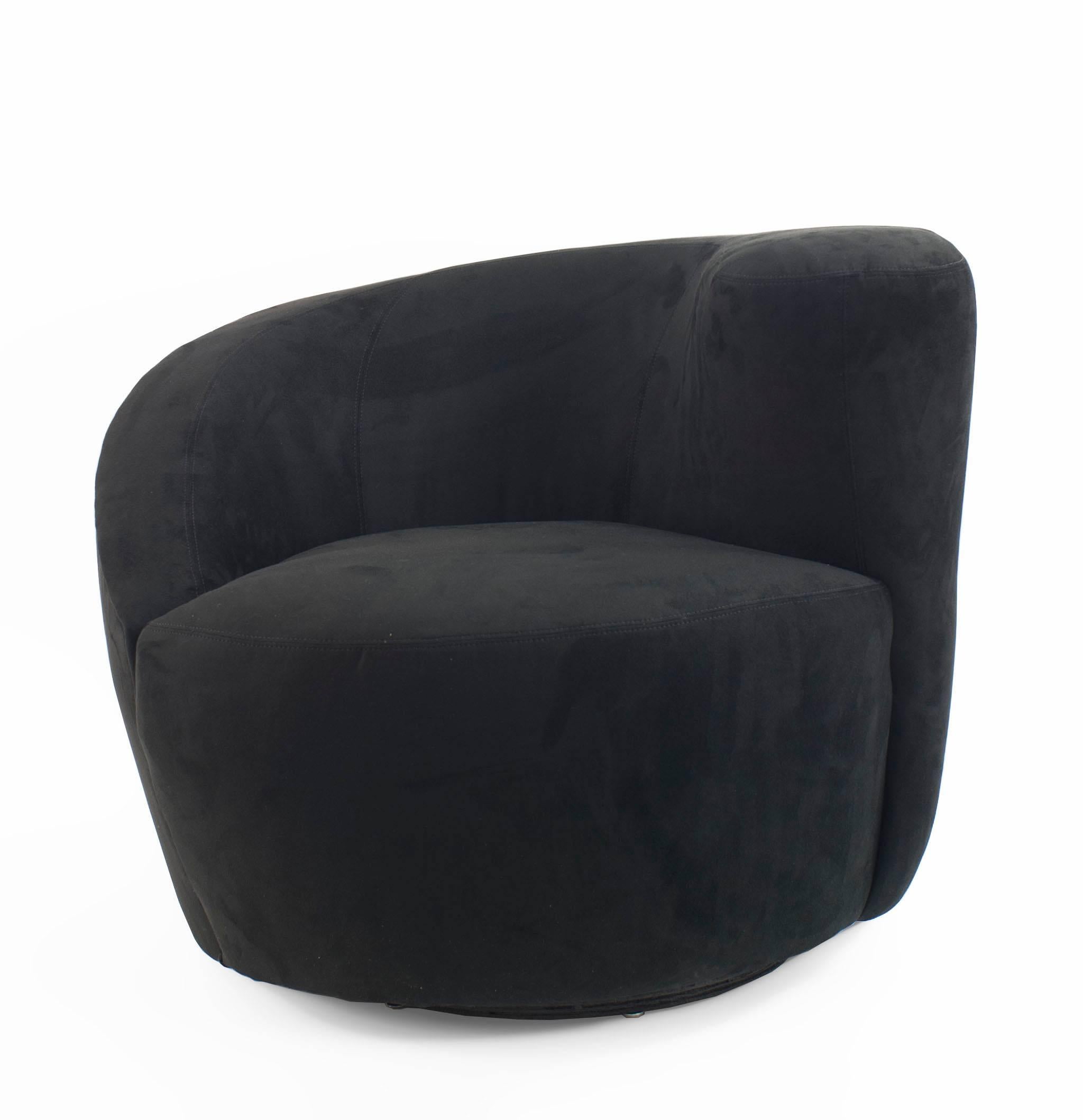 (Two) contemporary black suede corkscrew-shaped swivel armchairs (one left hand arm; one right hand arm) (designed by Vladimir Kagan for Directional) (priced each).

 