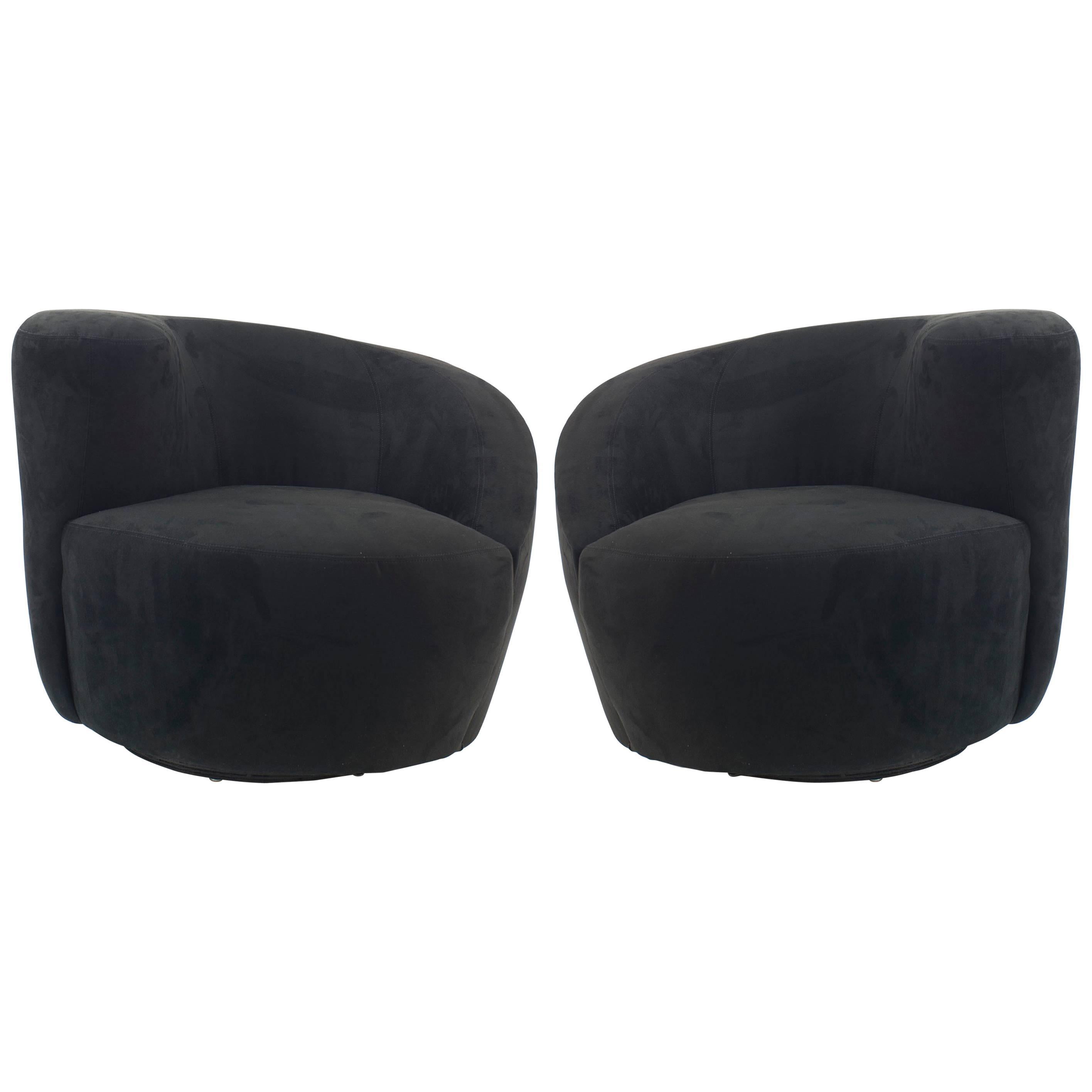 Contemporary Black Suede Corkscrew-Shaped Swivel Armchairs