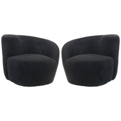 Contemporary Black Suede Corkscrew-Shaped Swivel Armchairs