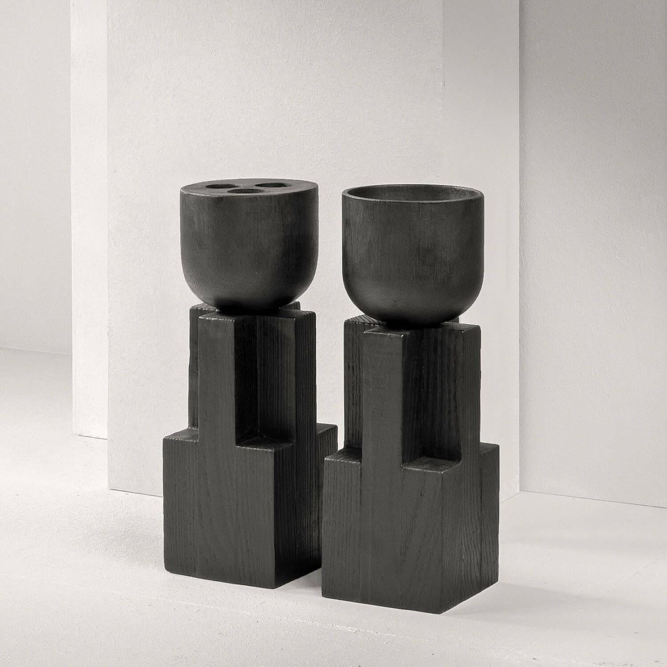 Contemporary Black Vase in Iroko Wood, Goblet Vase by Arno Declercq For Sale 1