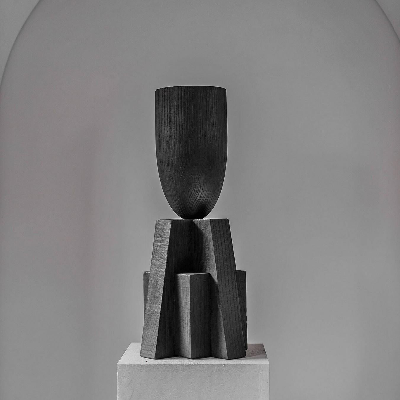 Modern Contemporary Black Vase in Oak, Babel Vase by Arno Declercq For Sale