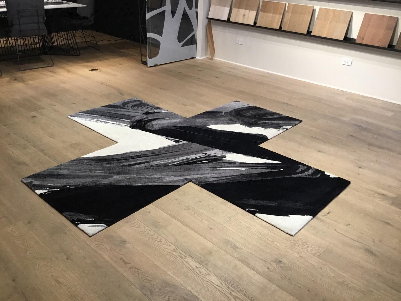 Modern Contemporary Black, White and Grey Irregular X Shaped Wool Rug by Henzel Studio