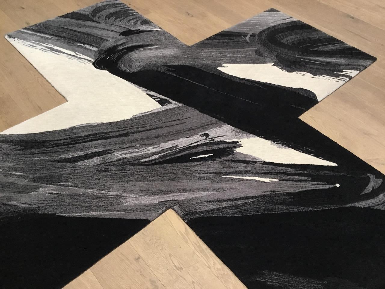 Swedish Contemporary Black, White and Grey Irregular X Shaped Wool Rug by Henzel Studio
